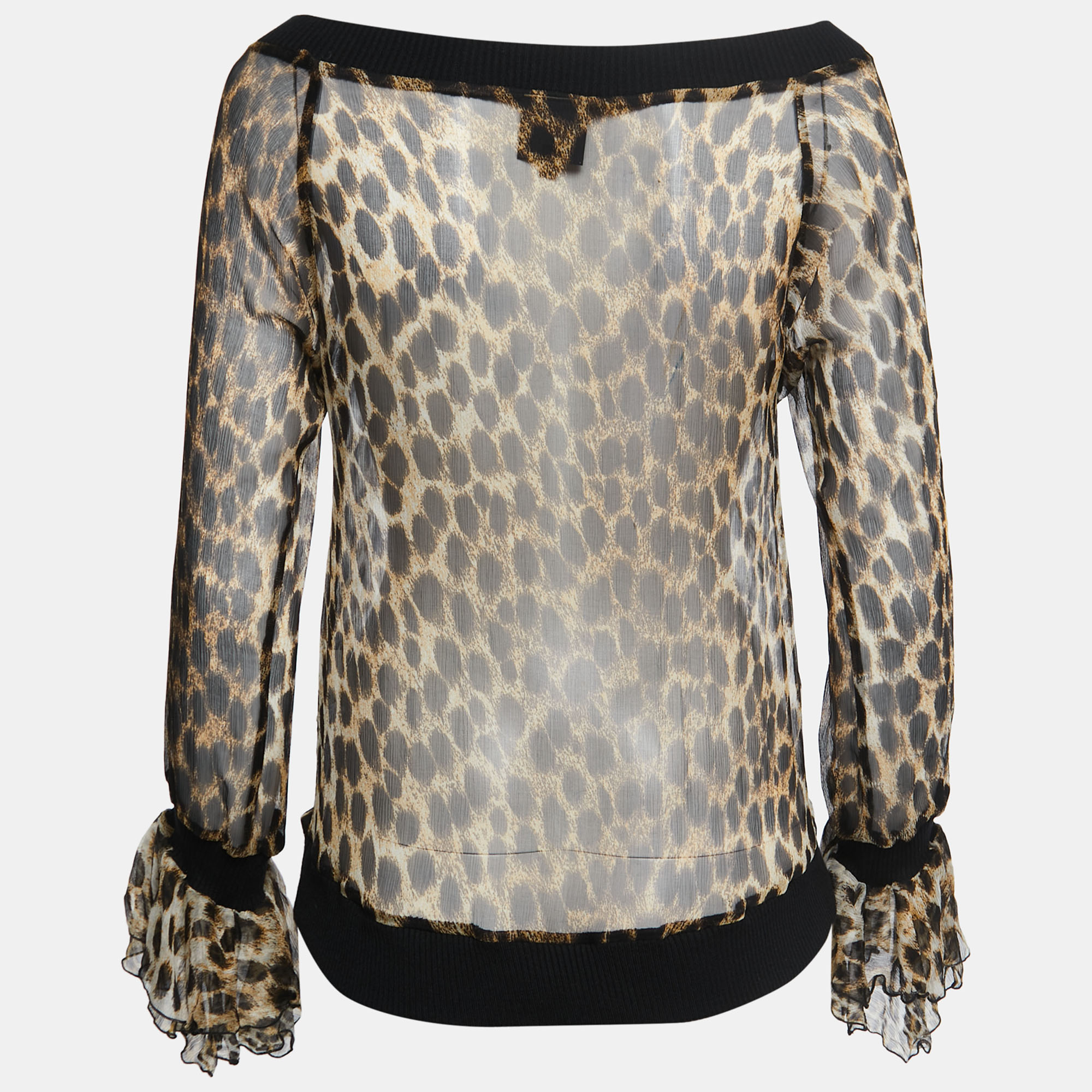 

Just Cavalli Black/Brown Animal Printed Silk Off-Shoulder Top