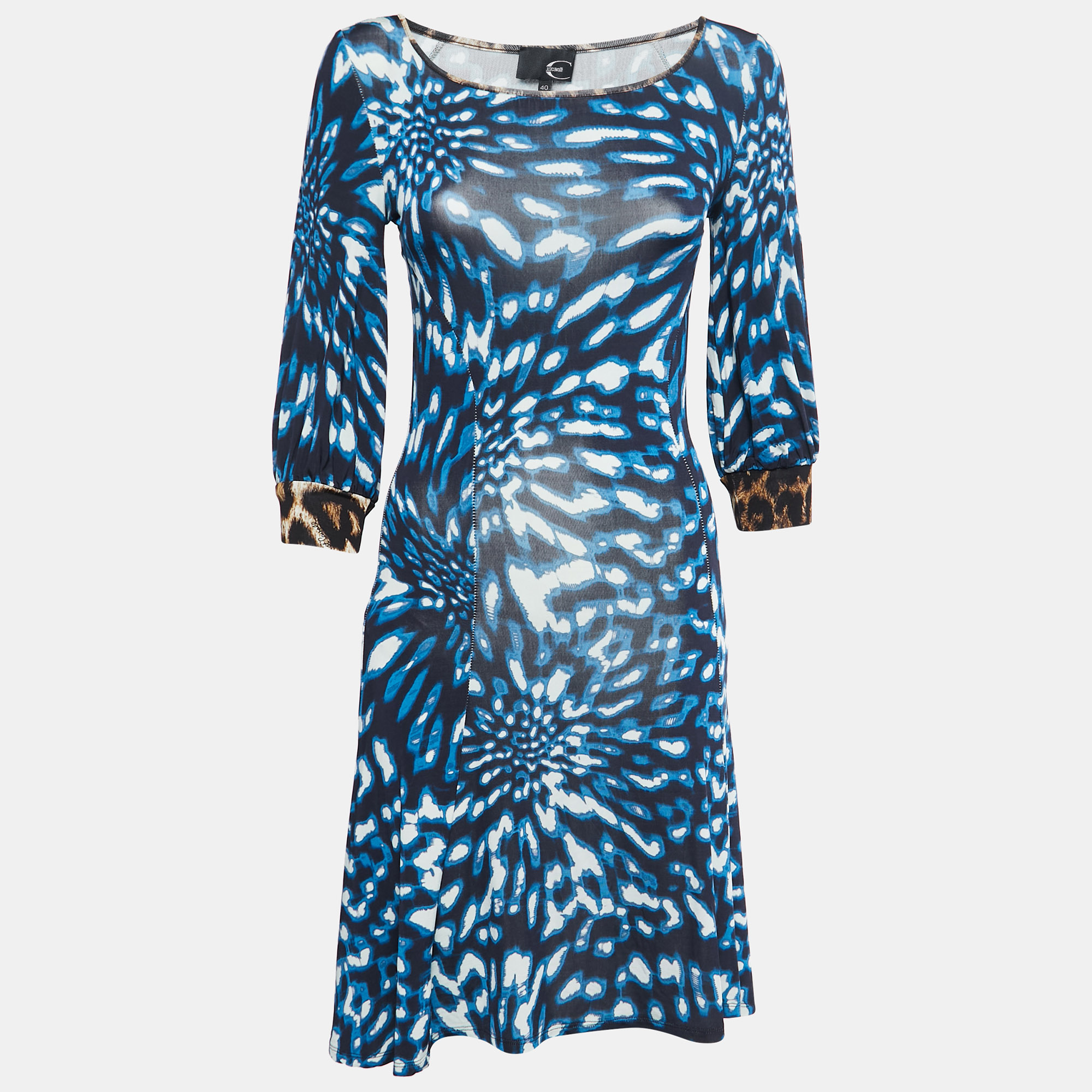Pre-owned Just Cavalli Blue Printed Jersey Long Sleeve Midi Dress S