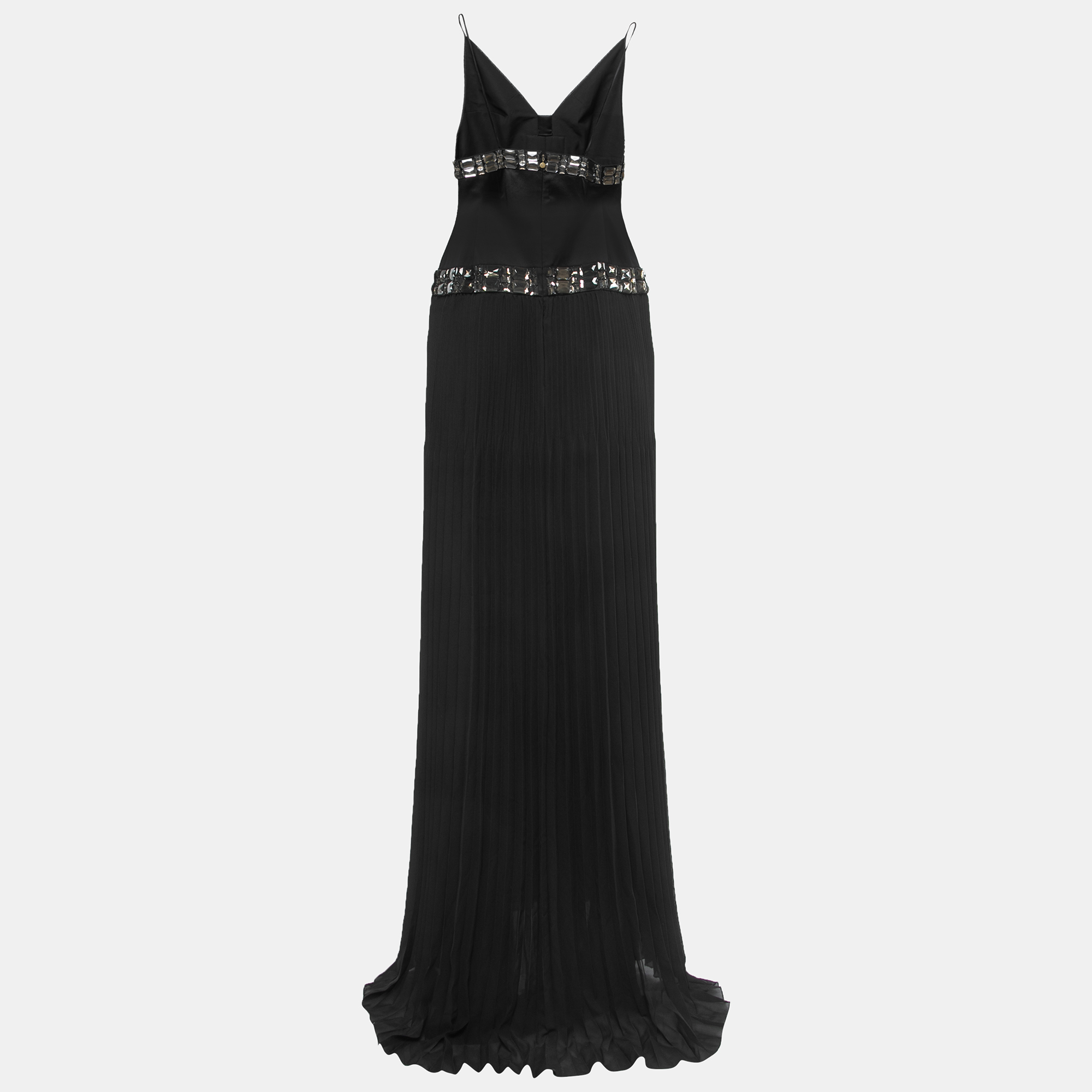 

Just Cavalli Black Crystals Embellished Silk Pleated Strappy Long Dress