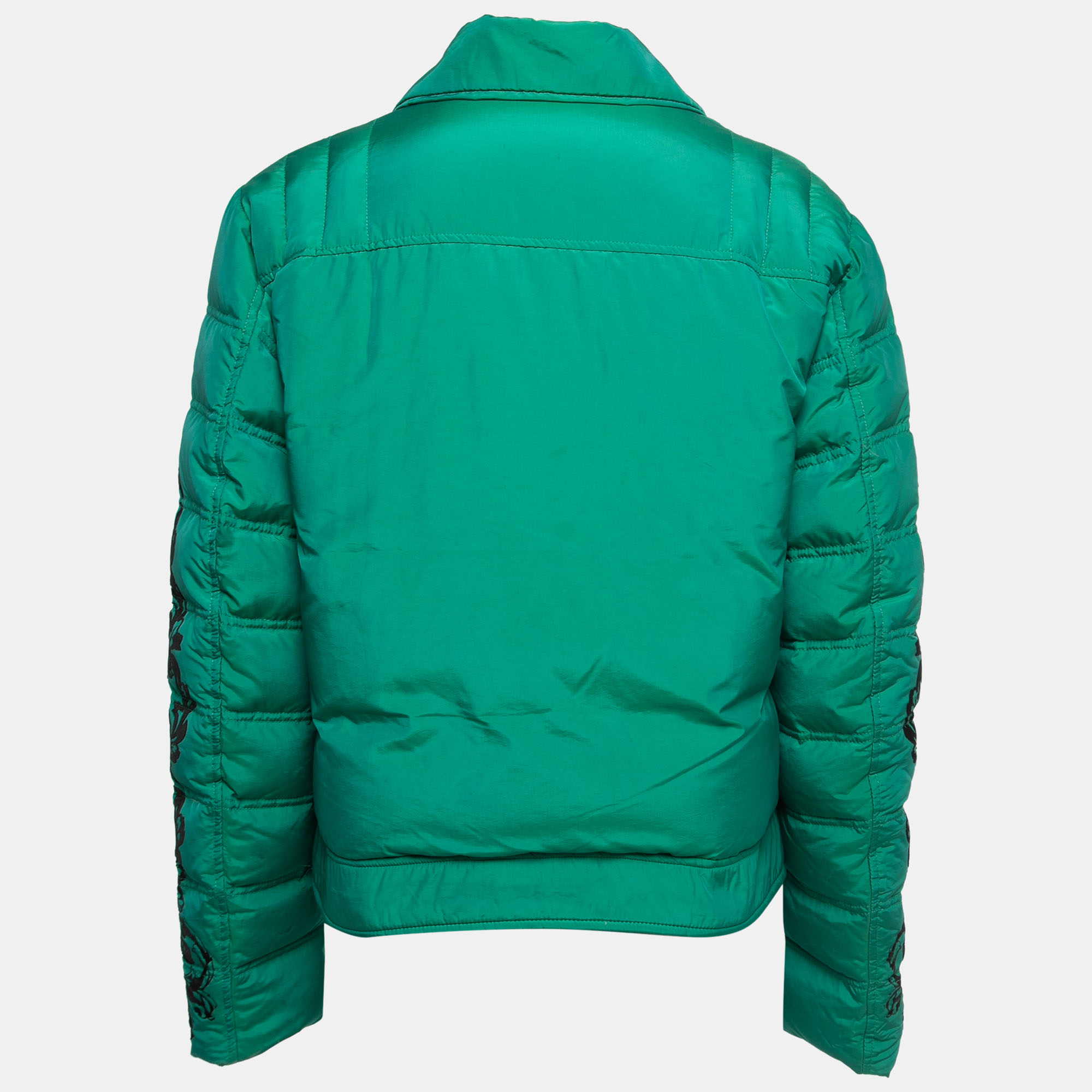 

Just Cavalli Green Synthetic Velvet Trim Zip Front Down Jacket