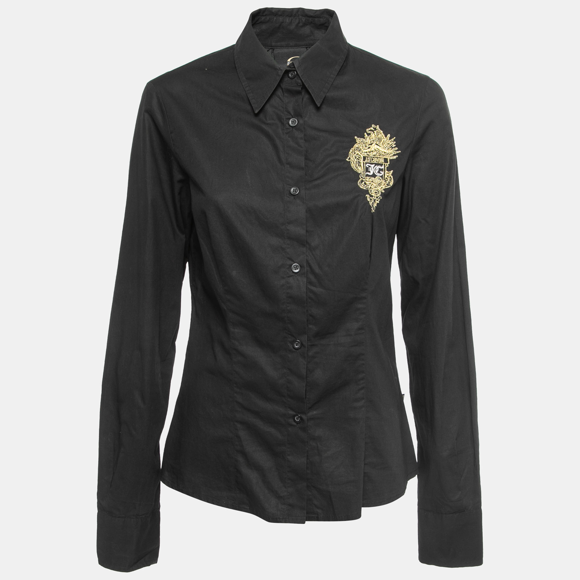 Pre-owned Just Cavalli Black Cotton Logo Crest Embroidered Shirt M