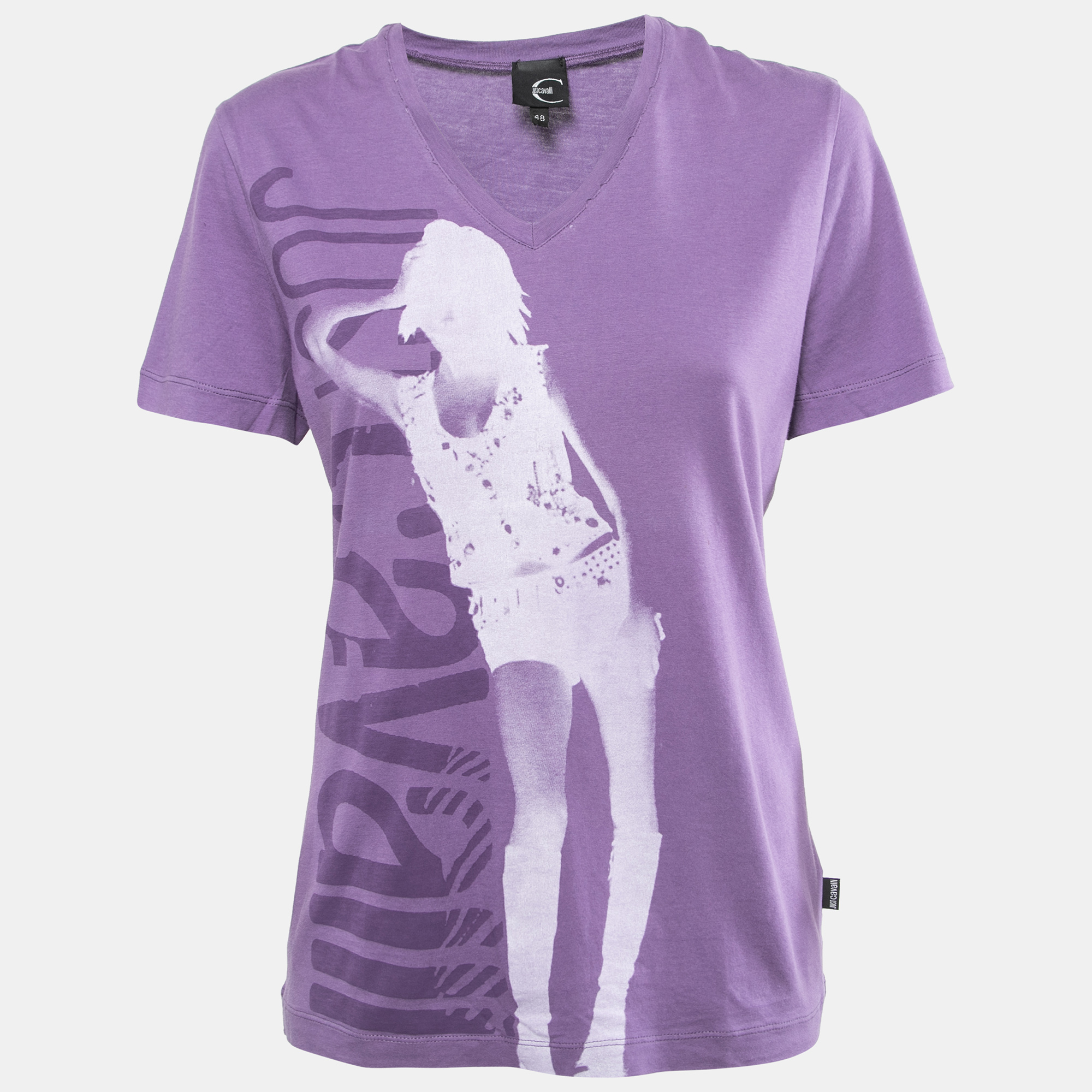 Pre-owned Just Cavalli Purple Printed Cotton V-neck T-shirt L