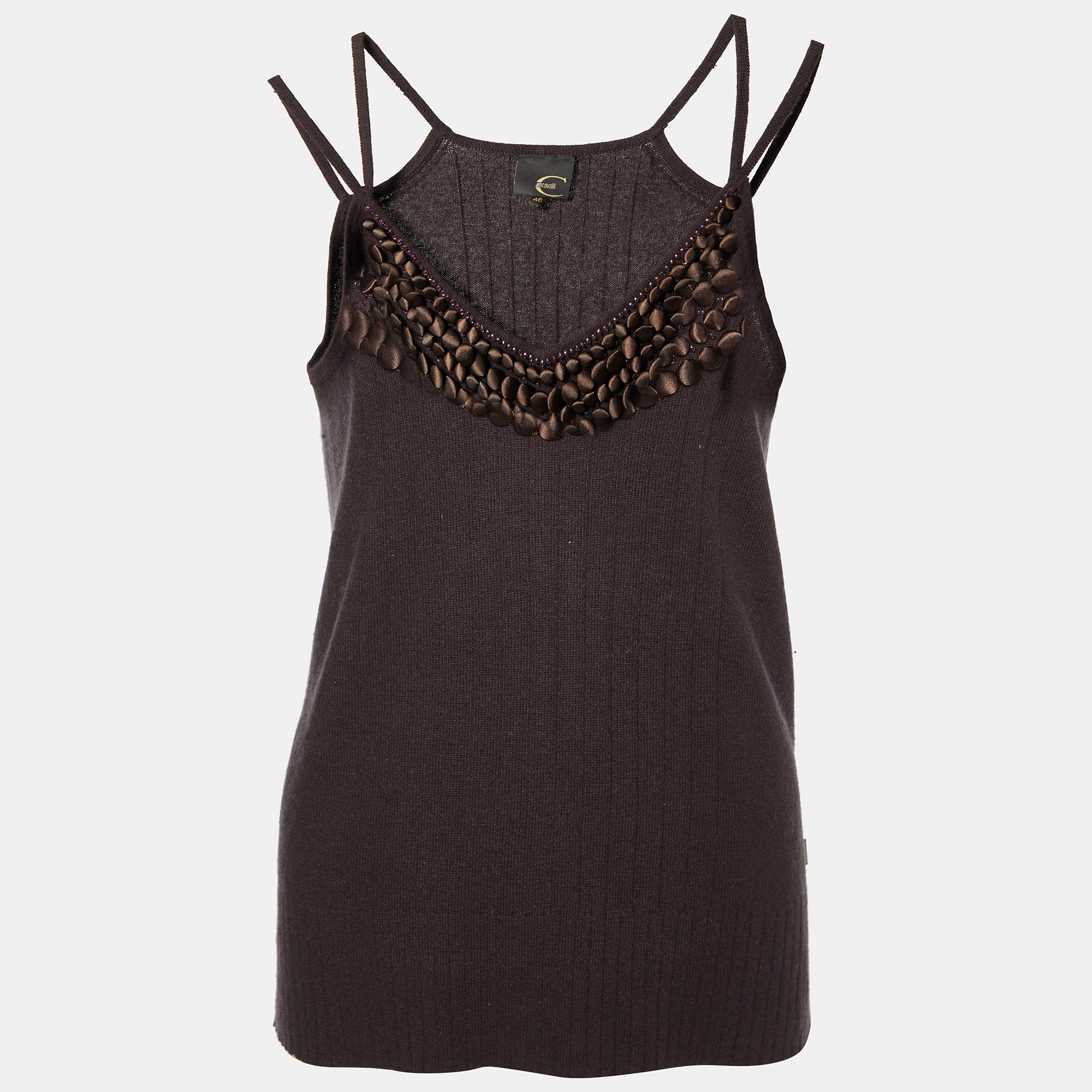 Pre-owned Just Cavalli Brown Silk Knit Button Embellished Tank Top L
