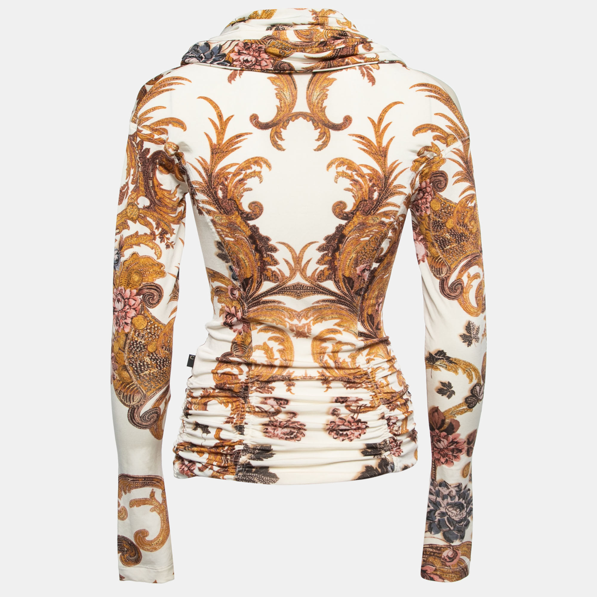 

Just Cavalli Cream Printed Jersey Foldover Ruched Long Sleeve Top