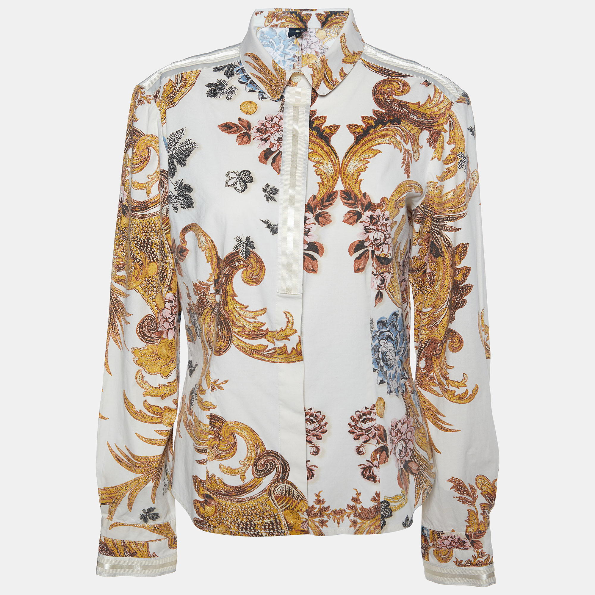 Pre-owned Just Cavalli Cream Floral Printed Cotton Button Front Shirt L