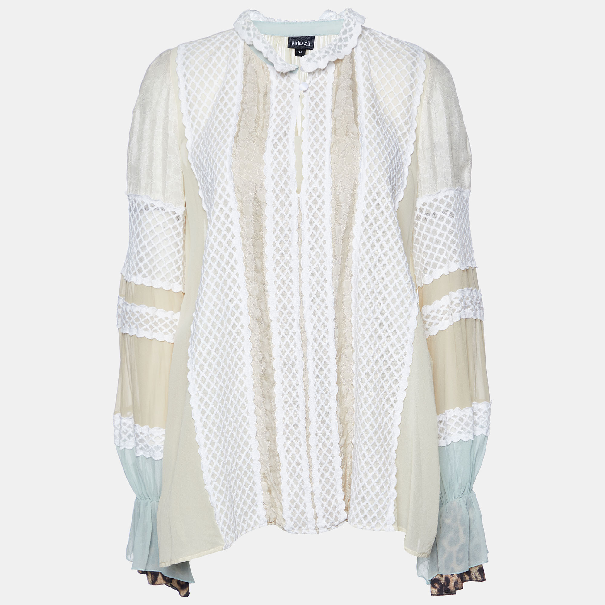 Pre-owned Just Cavalli Cream Silk & Lace Detail Top M