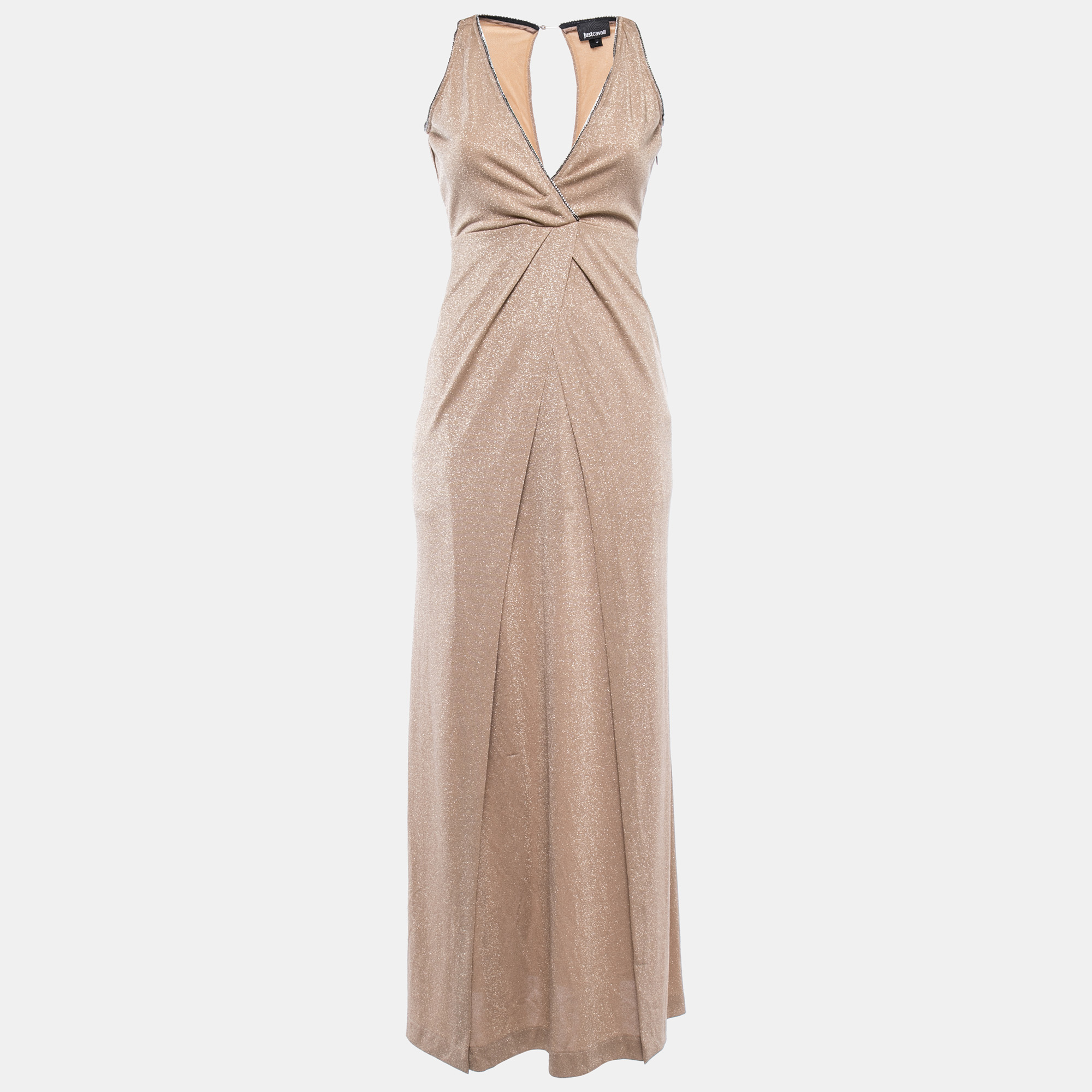 Pre-owned Just Cavalli Gold Crystals Embellished Lurex Knit Sleeveless Cut-out Maxi Dress S