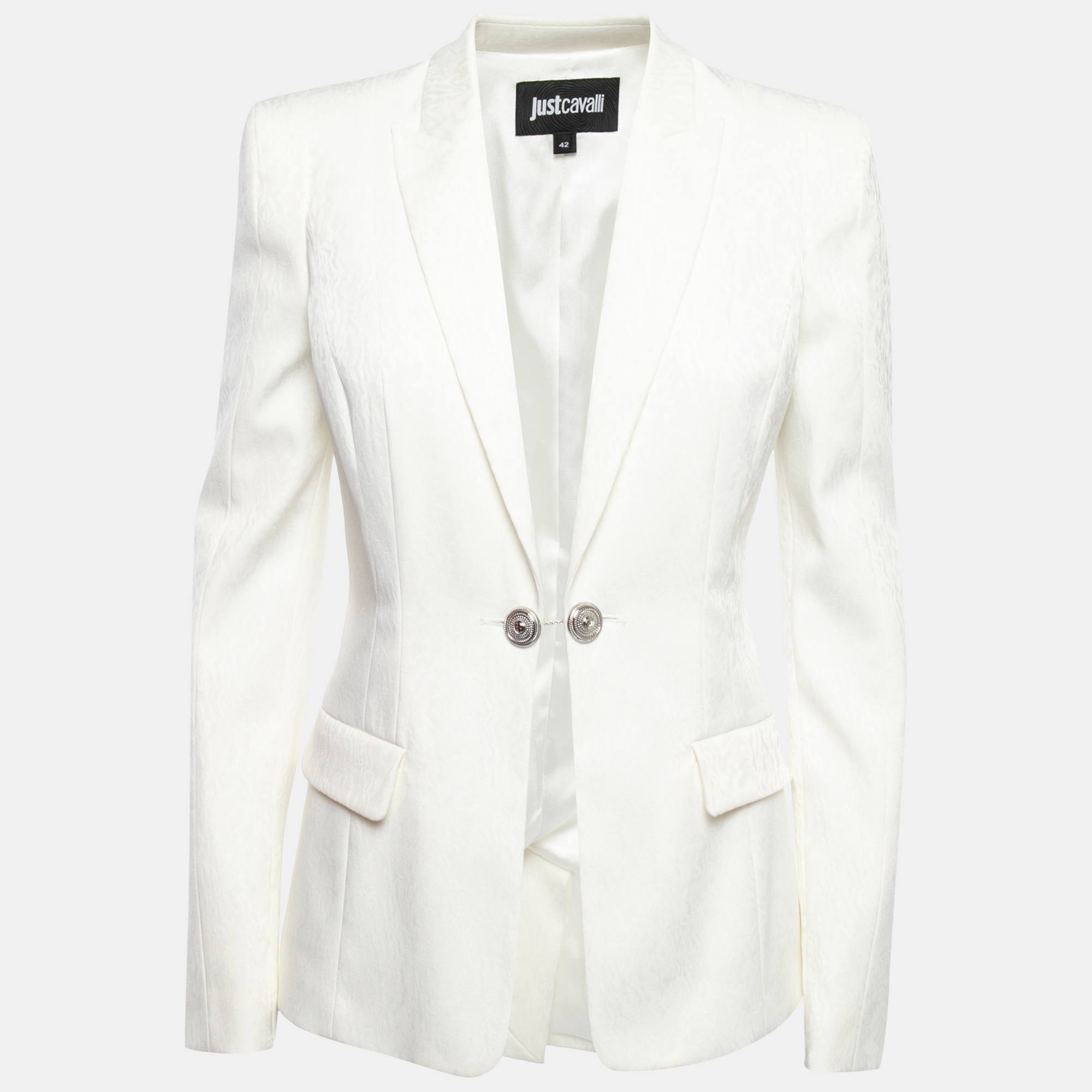 Pre Owned Just Cavalli Off White Jacquard Tailored Rhinestones Blazer M