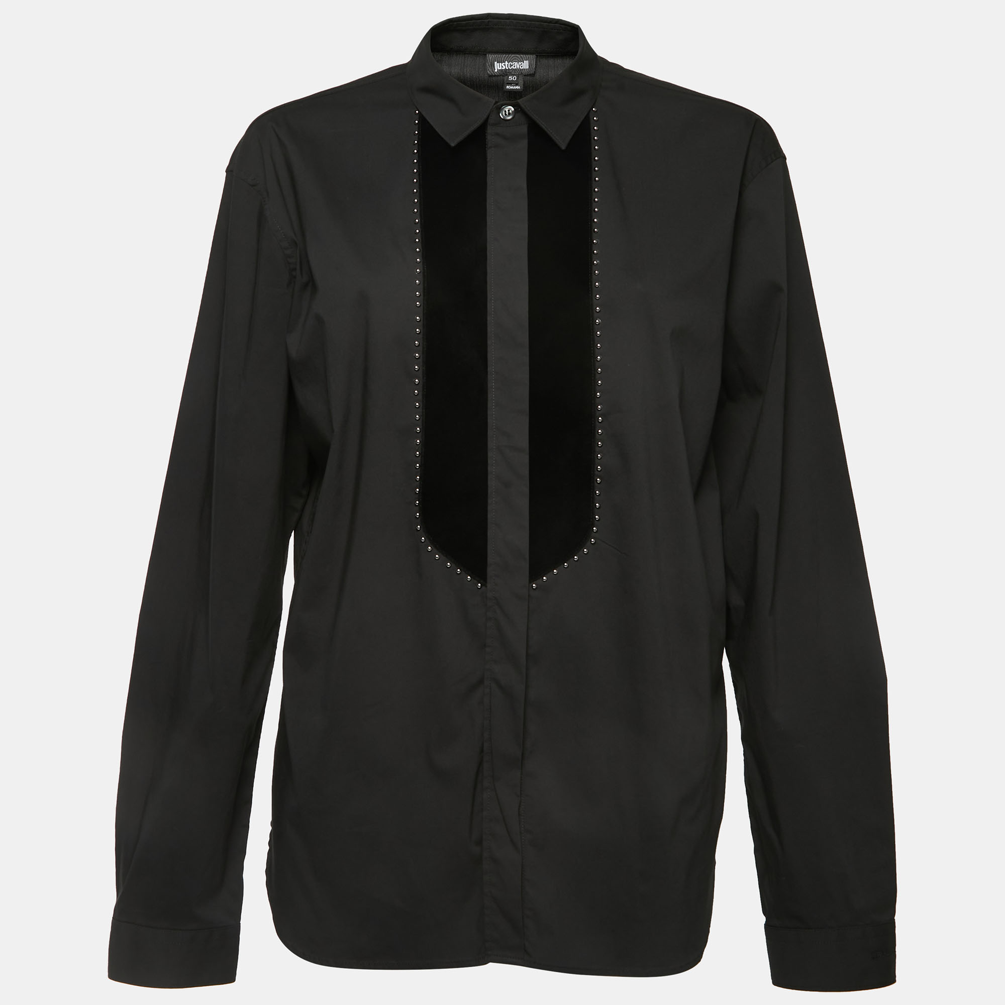 Pre-owned Just Cavalli Black Cotton Studded Velvet Trim Button Front Full Sleeve Shirt Xl