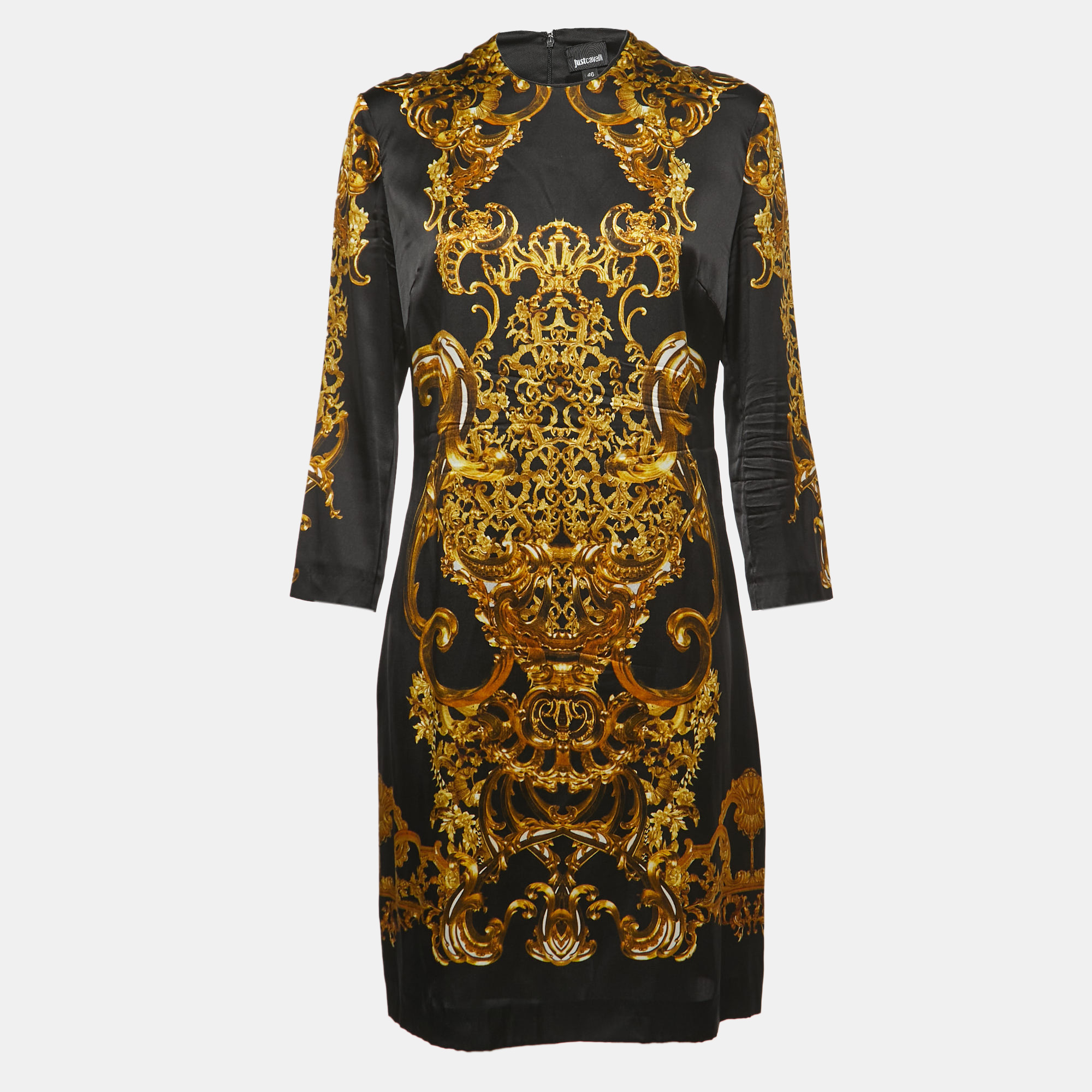 Pre-owned Just Cavalli Black Print Satin Silk Shift Short Dress L