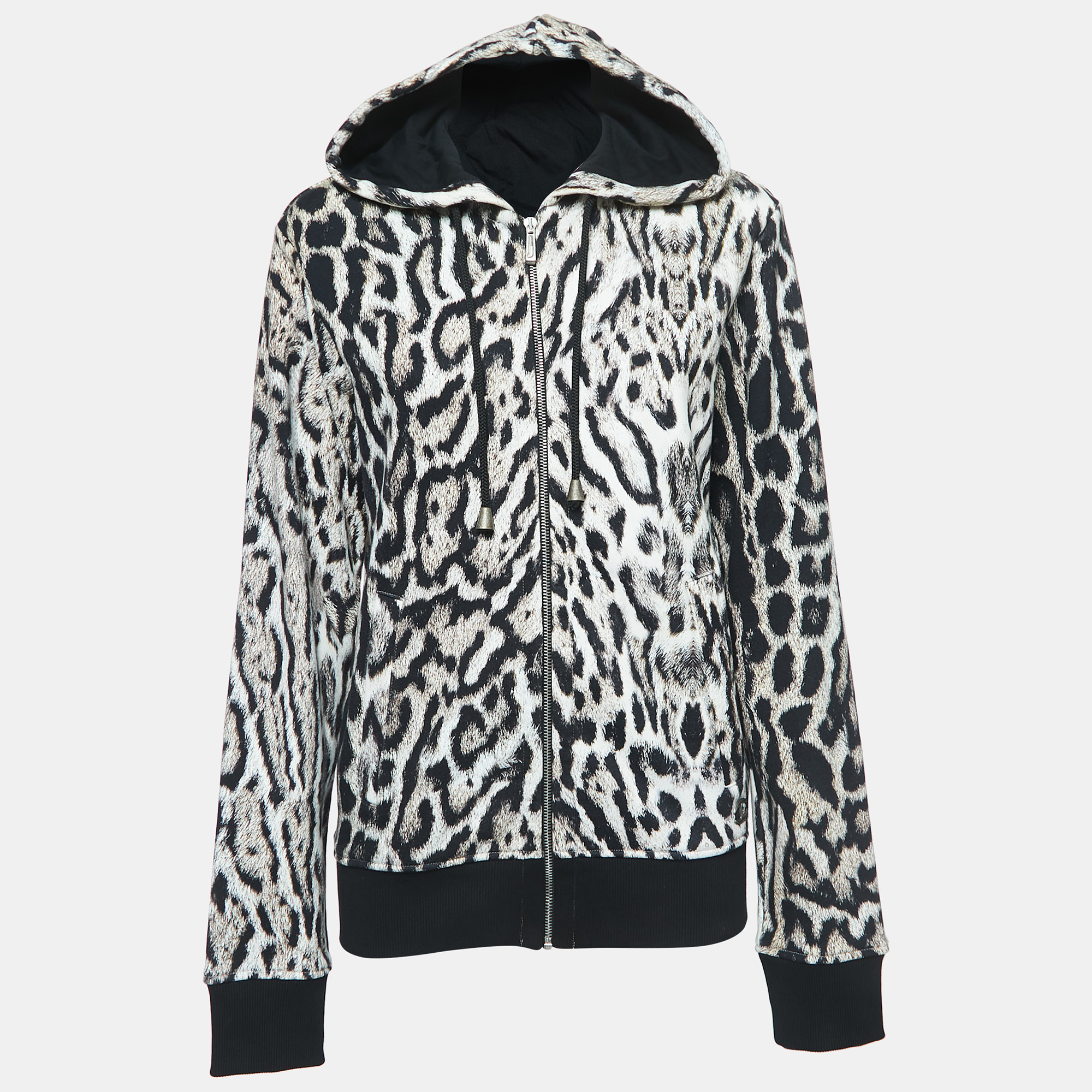 Pre-owned Just Cavalli White/black Leopard Print Cotton Zip Front Hooded Jacket S