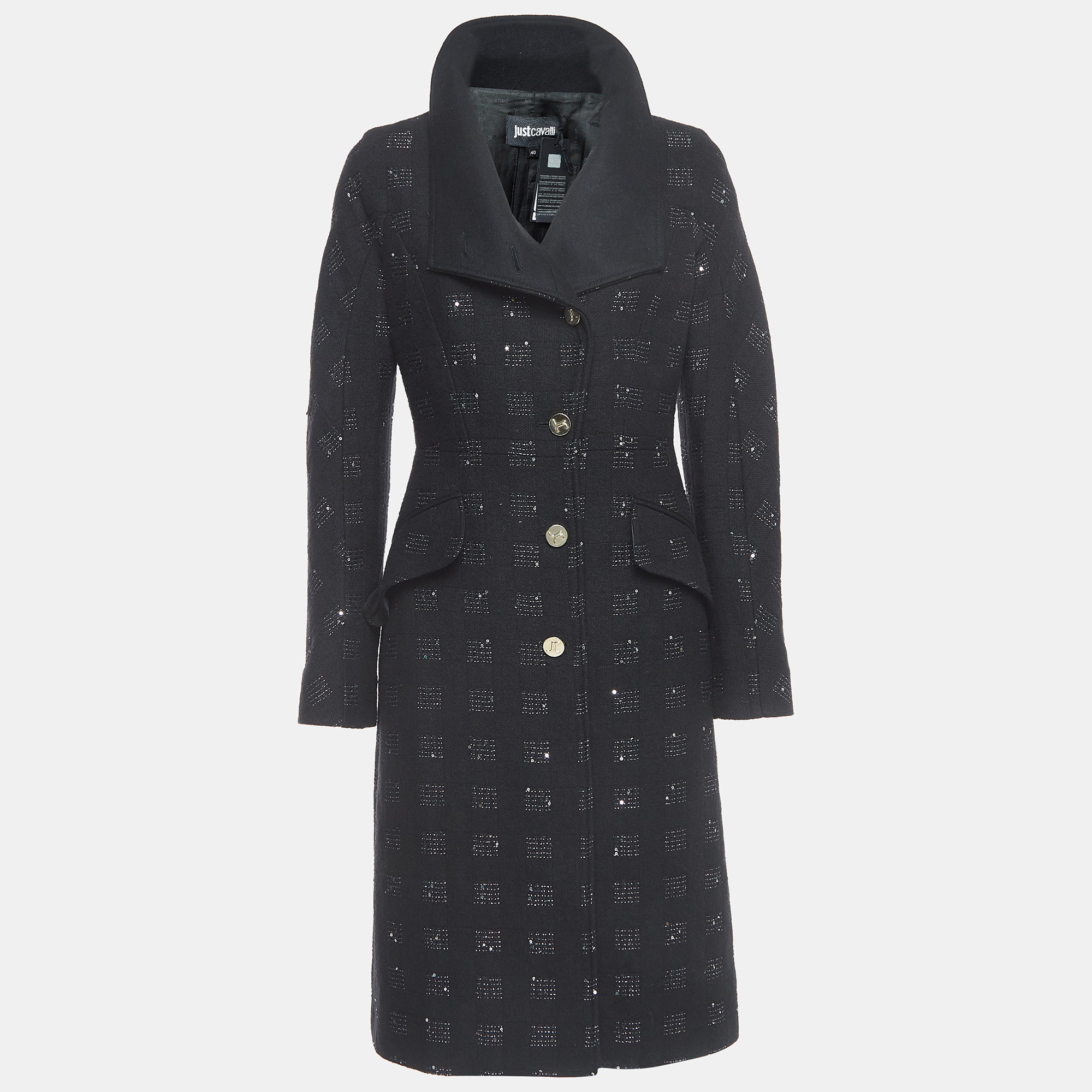 

Just Cavalli Black Sequin Embroidered Acrylic & Wool Single Breasted Long Coat