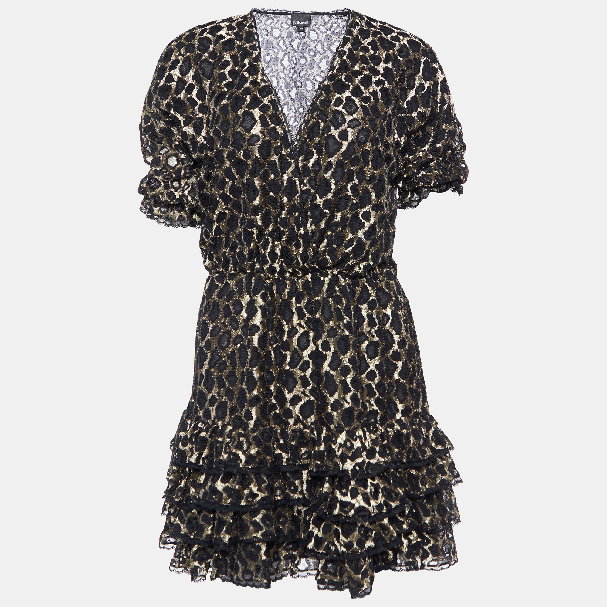 Pre-owned Just Cavalli Black Leopard Lace Ruffle Dress M