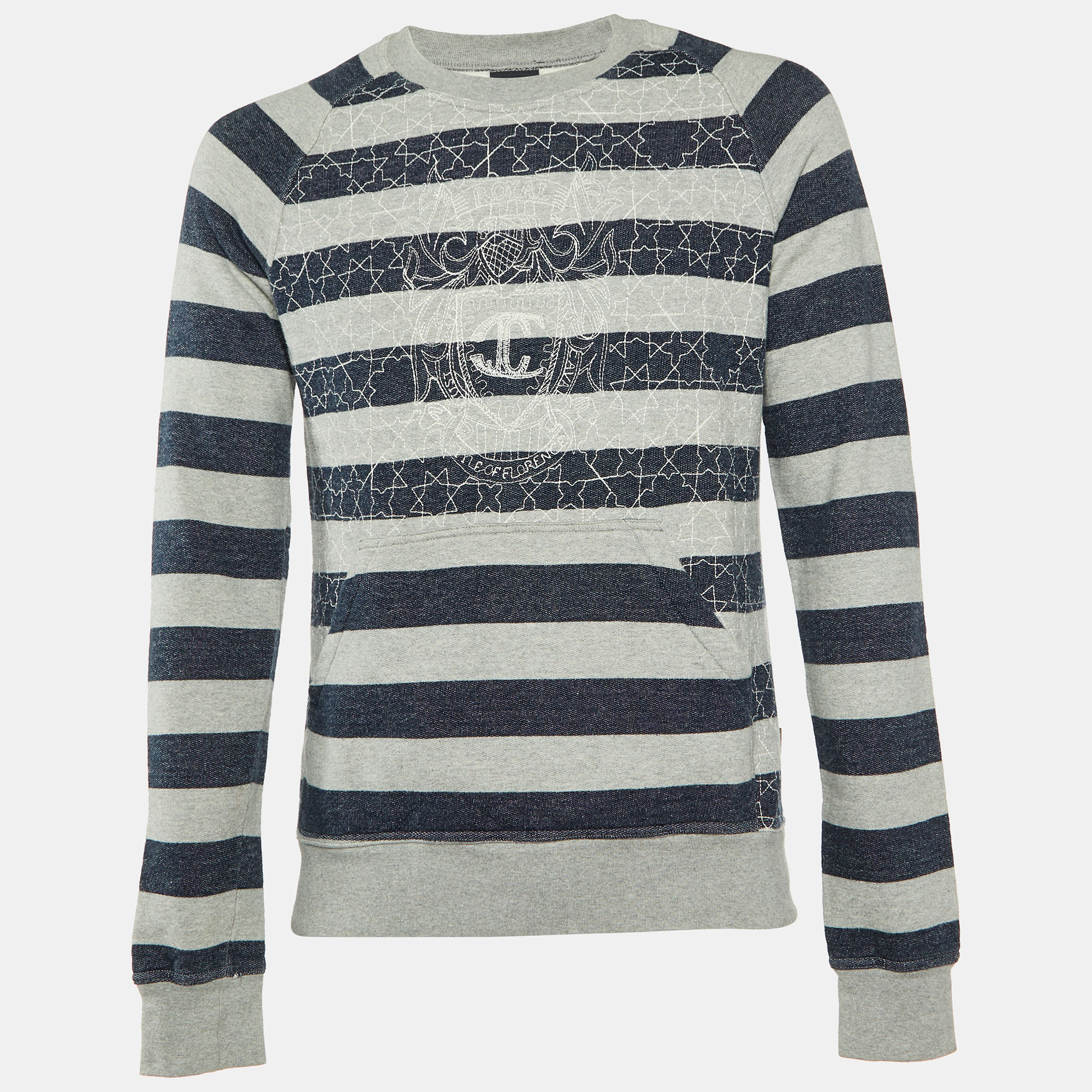 

Just Cavalli Grey Striped Cotton Logo Embroidered Sweatshirt XL