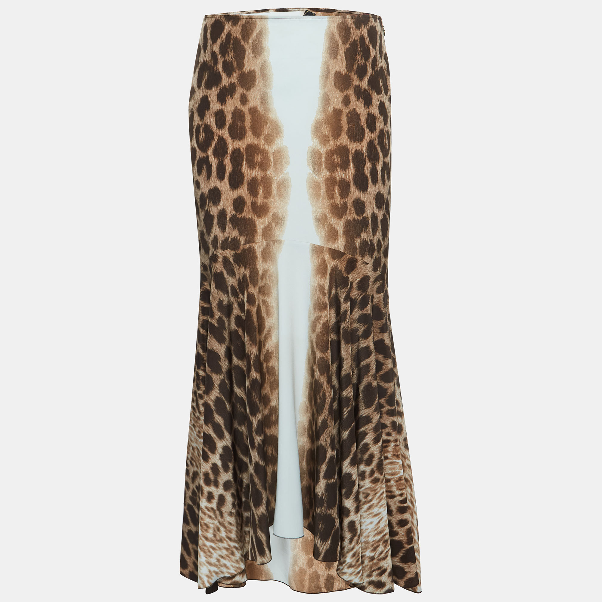 Pre-owned Just Cavalli Brown Leopard Print Crepe Asymmetric Midi Skirt S