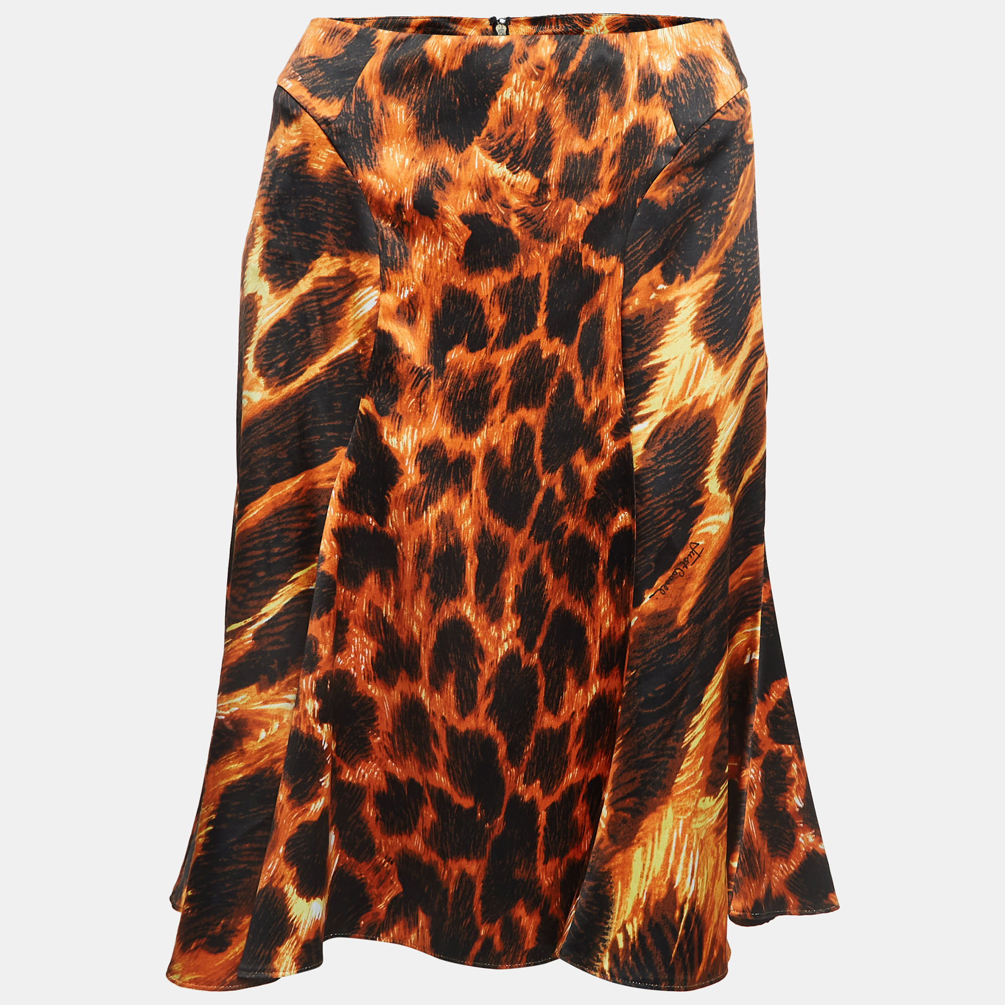 

Just Cavalli Orange/Black Animal Print Satin Flared Midi Skirt
