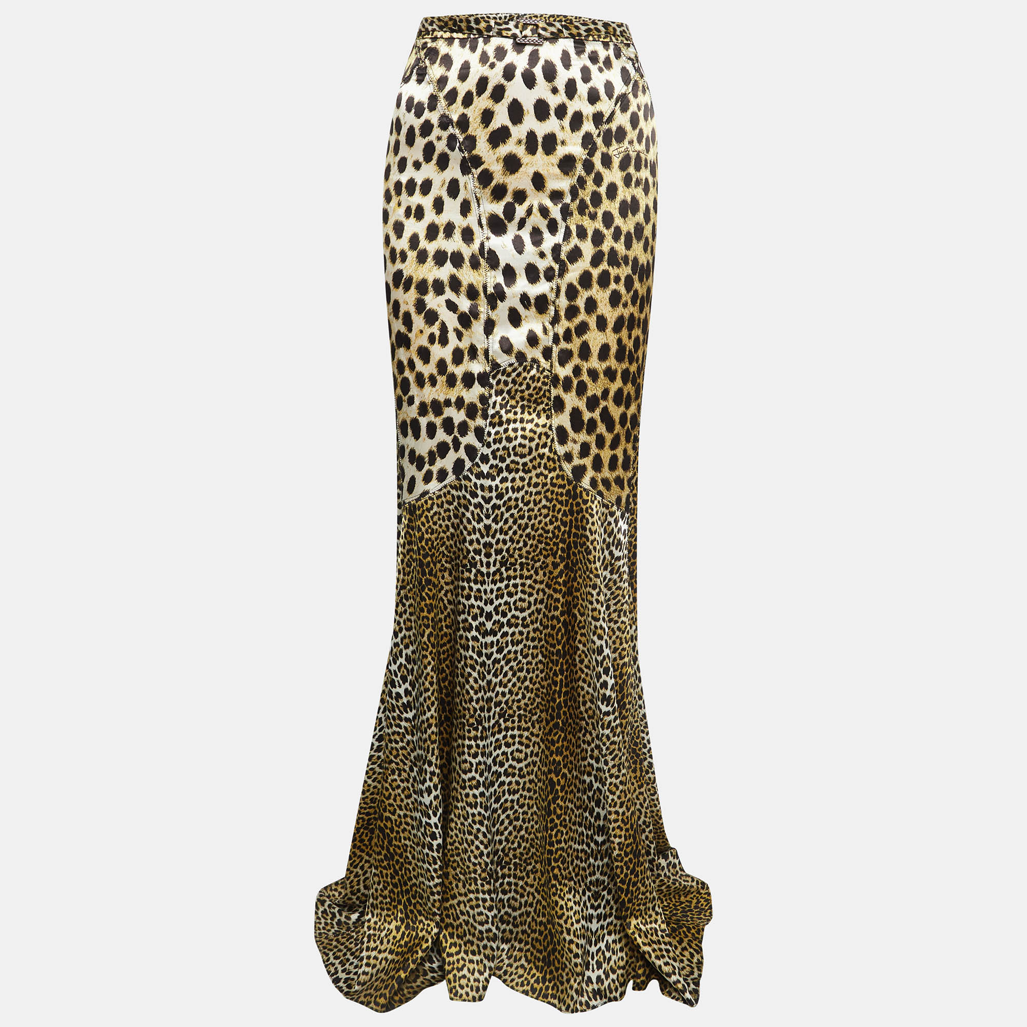 Pre-owned Just Cavalli Brown Leopard Satin Print Flared Maxi Skirt L