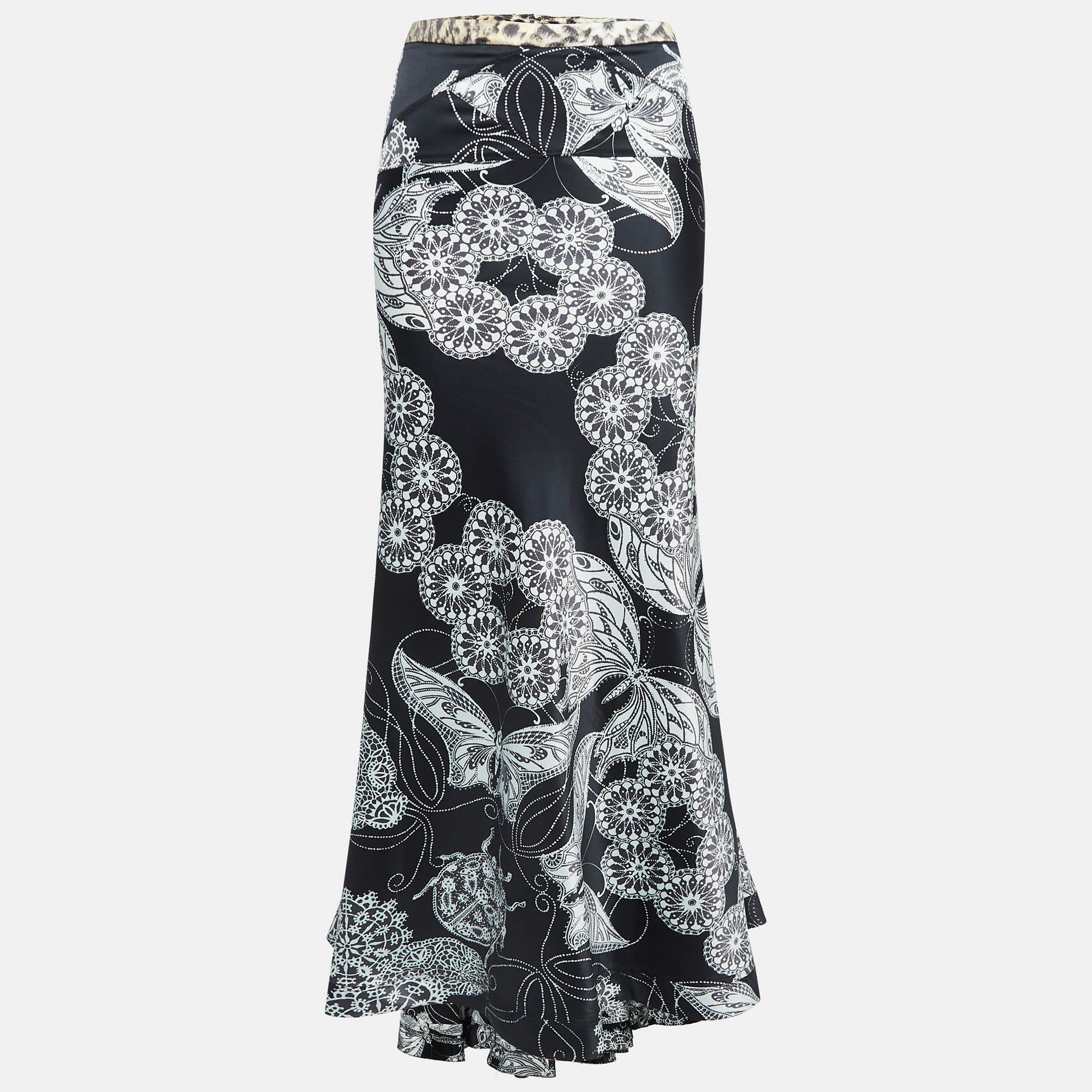 Pre-owned Just Cavalli Black/white Lace Printed Satin Flared Maxi Skirt M