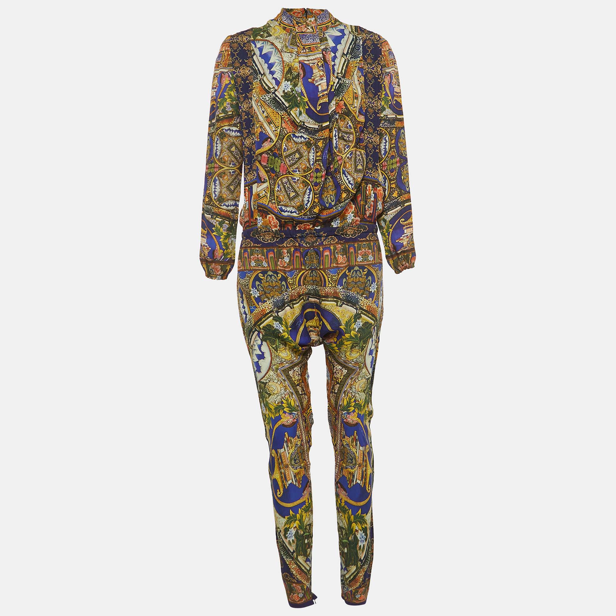Multicolor Printed Silk Pleated Long Sleeve Jumpsuit