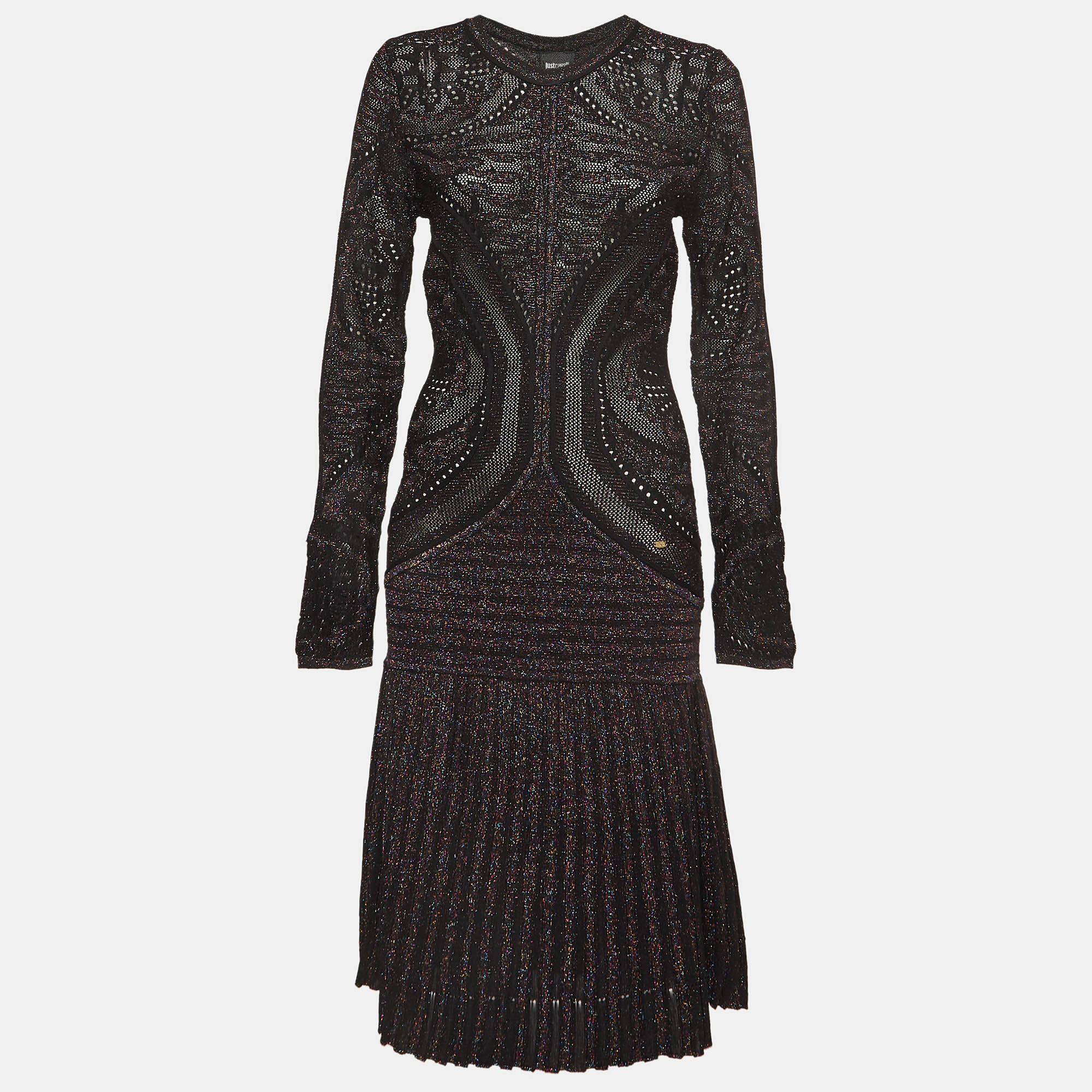 Black Metallic Lurex Knit Long Sleeve Midi Dress