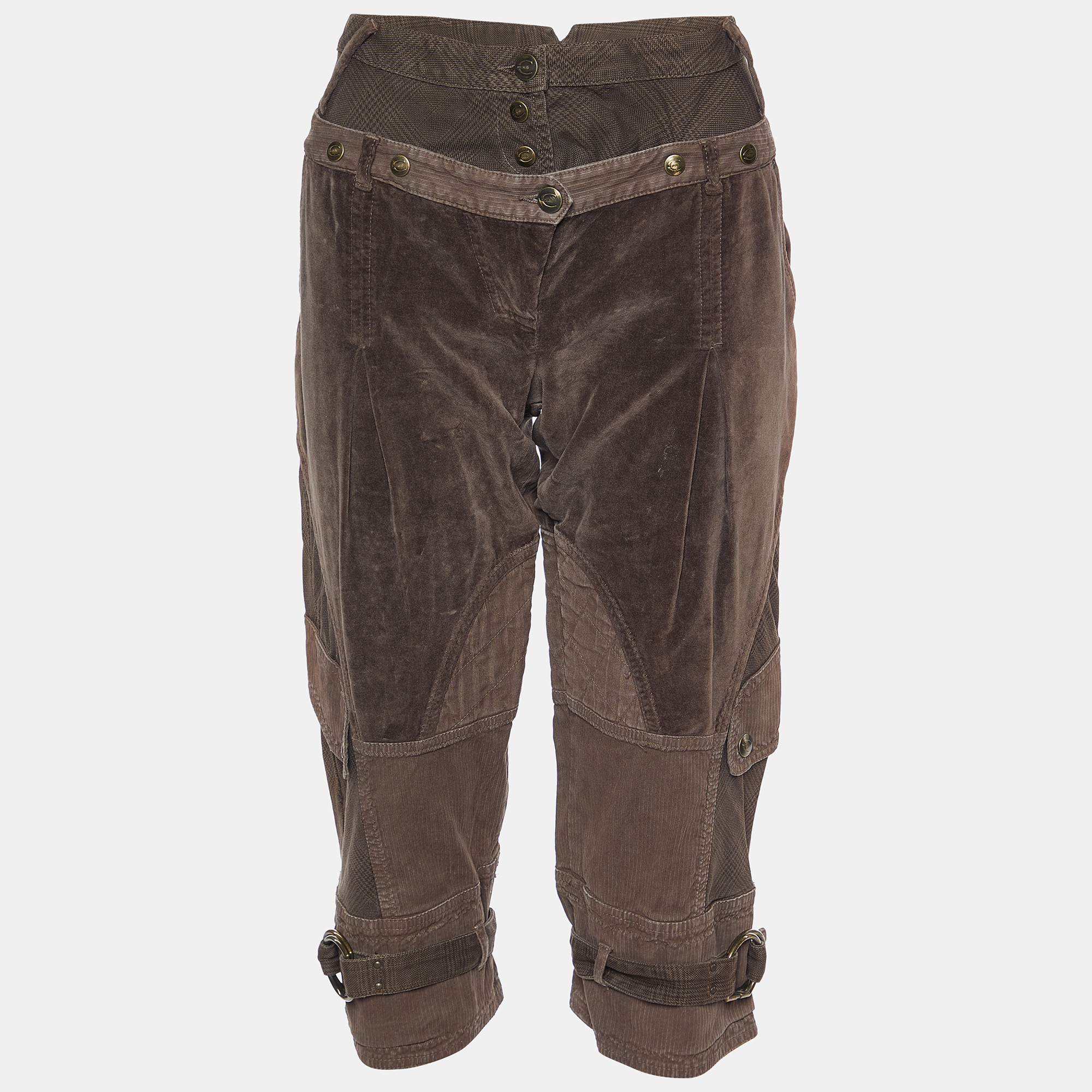 Pre-owned Just Cavalli Brown Checked & Velvet Cotton Paneled Capri Pants L