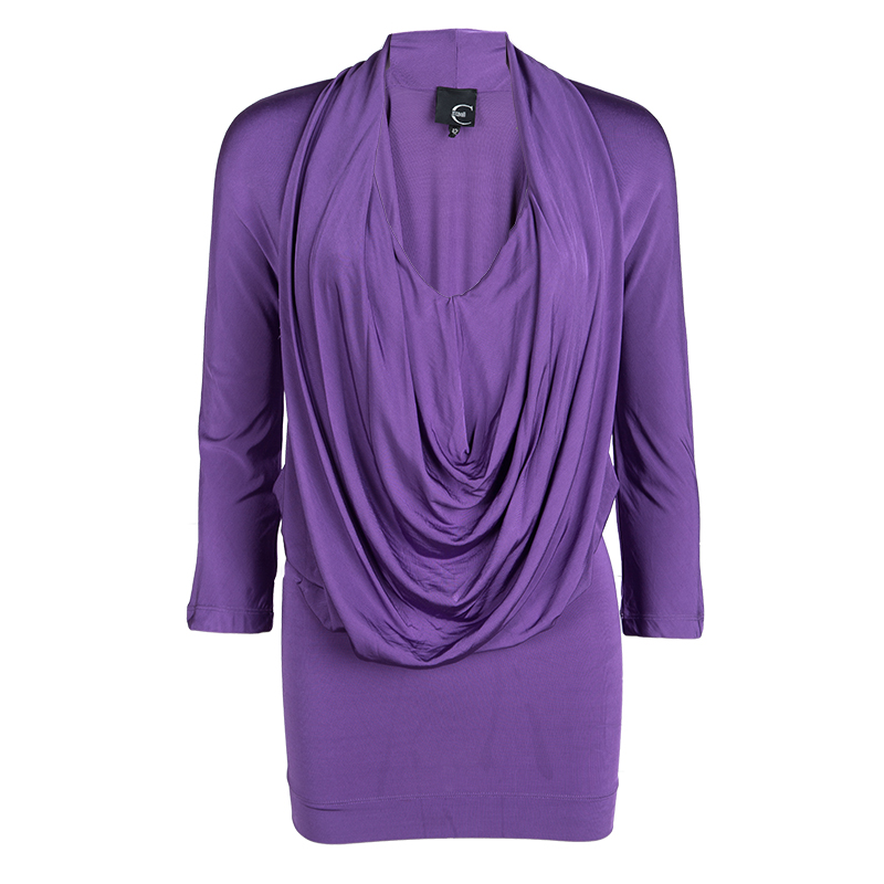 Pre Owned Just Cavalli Purple Front Drape Detail Long Sleeve Top M