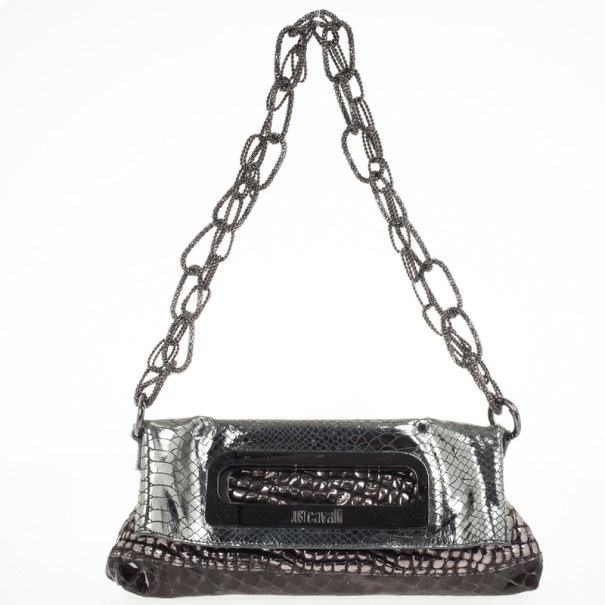  Just Cavalli Leather Metallic Embossed Chain Shoulder Bag 