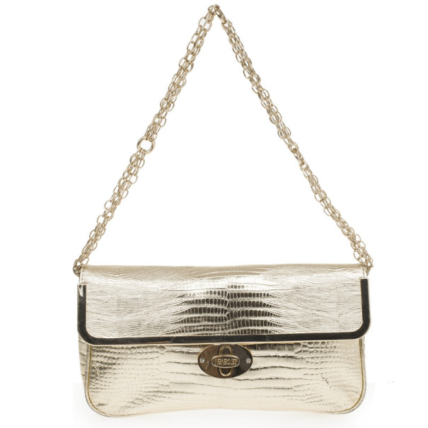 Just Cavalli Gold Metallic Crocodile Embossed Leather Small Clutch Bag