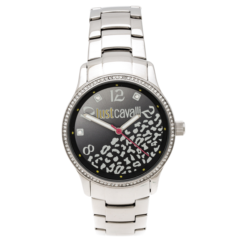 مملوكة مسبقًا Just Cavalli Black Stainless Steel Crystal Embellished Huge R7253127511 Women's Wristwatch 38 mm