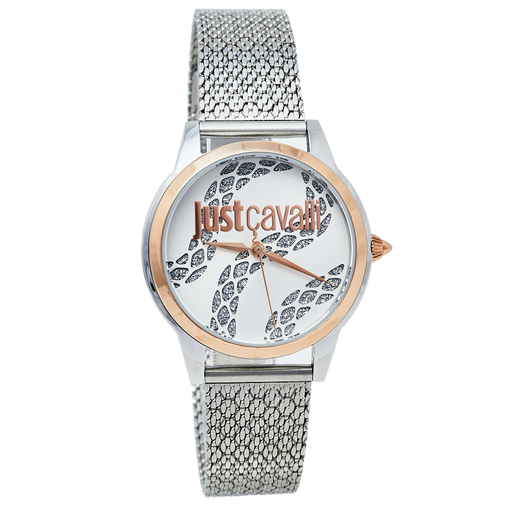 Pre-owned Just Cavalli Silver Two-tone Stainless Steel Jc1l050m0295 Women's Wristwatch 34 Mm