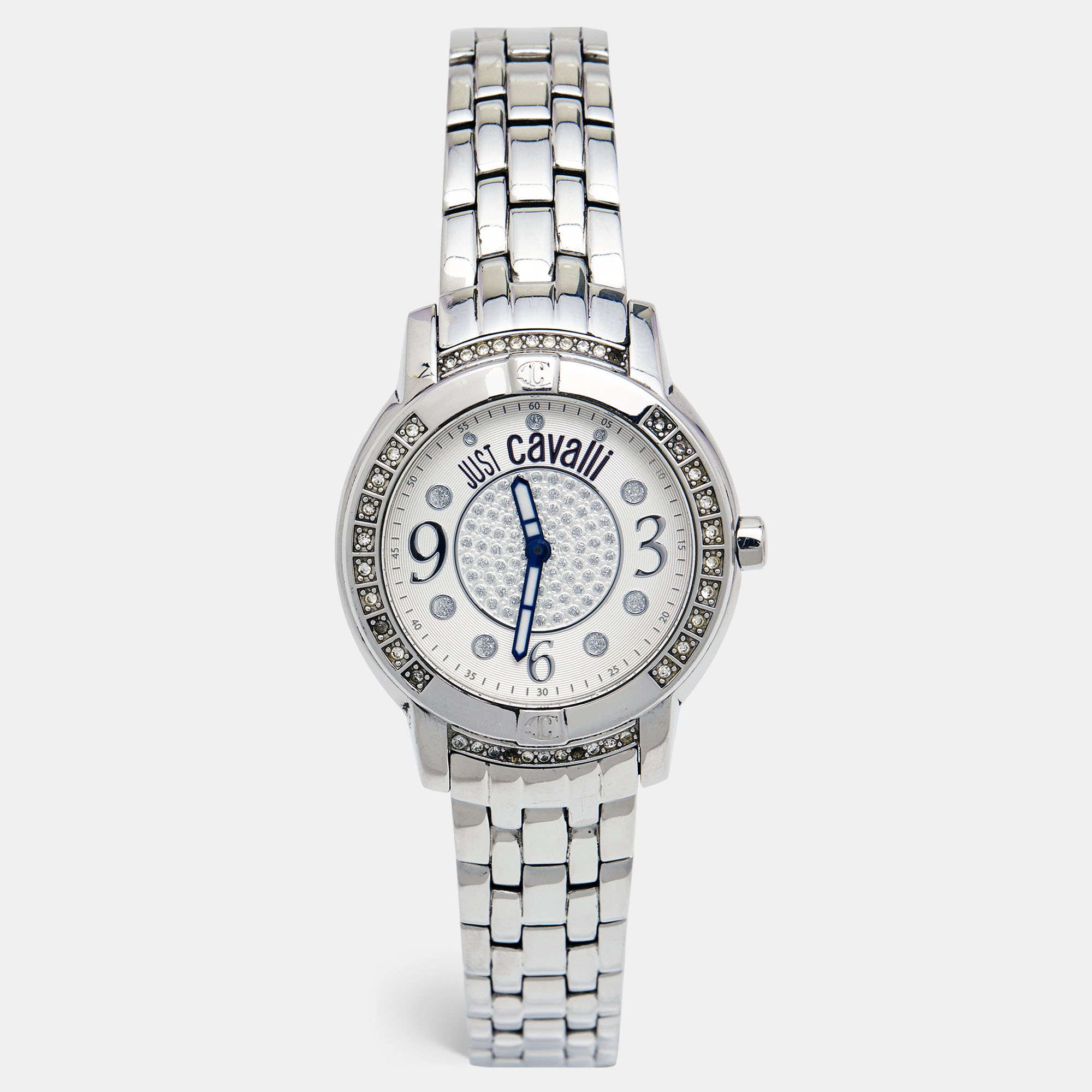 Pre-owned Just Cavalli Silver Crystal Embellished Stainless Steel R7253161515 Women's Wristwatch 34 Mm