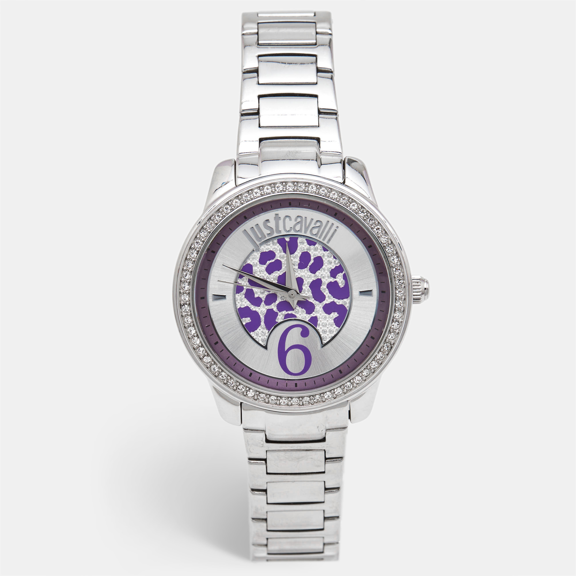 Pre-owned Just Cavalli Purple Silver Crystal Embellished Stainless Steel R7253196501 Women's Wristwatch 40 Mm