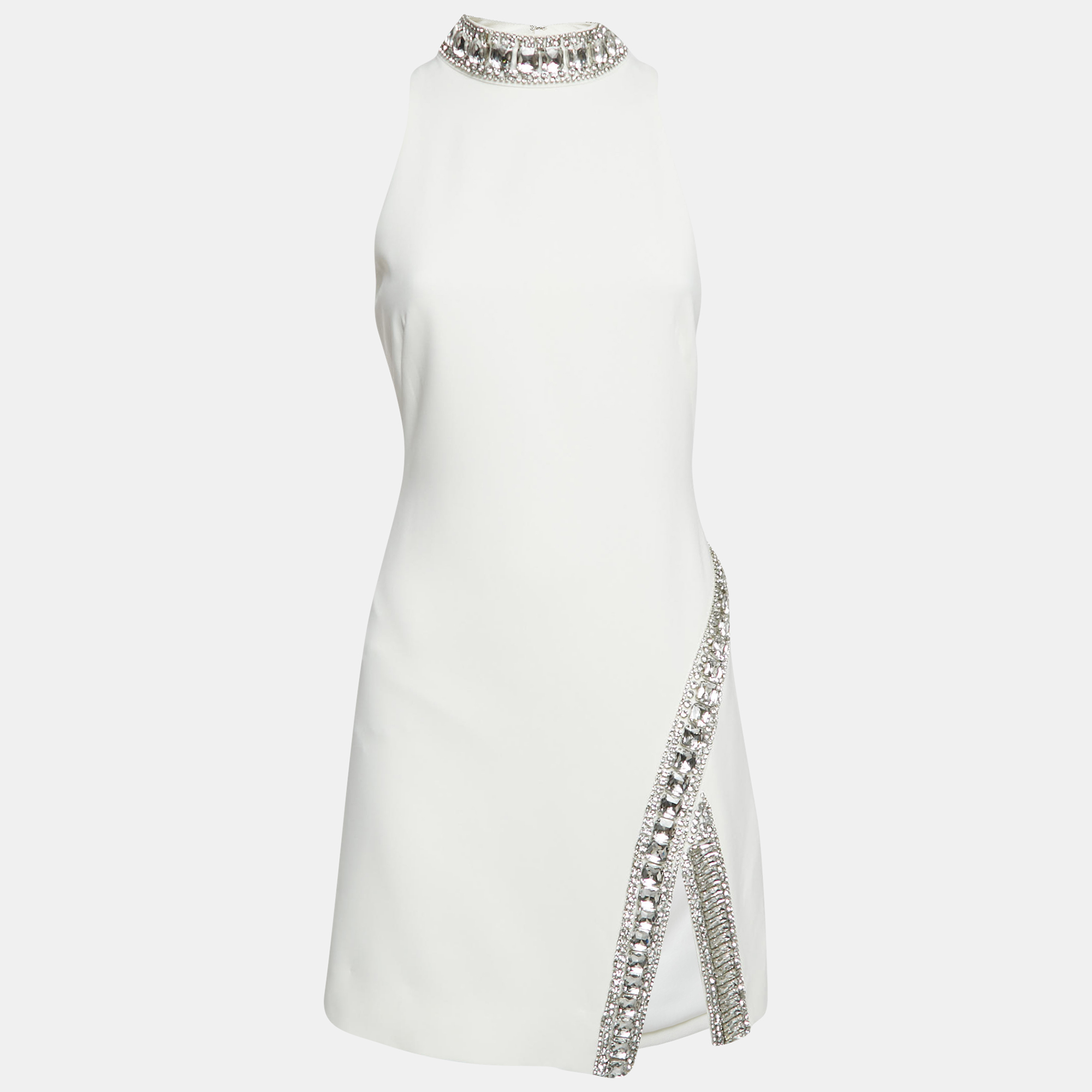 

Karen Millen Ivory Crystal Embellished Crepe Slit Detail Mini Dress S, White