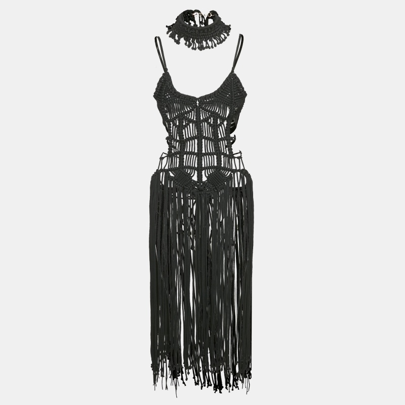 

Karima Black Macrame Hand-Crafted Midi Dress M