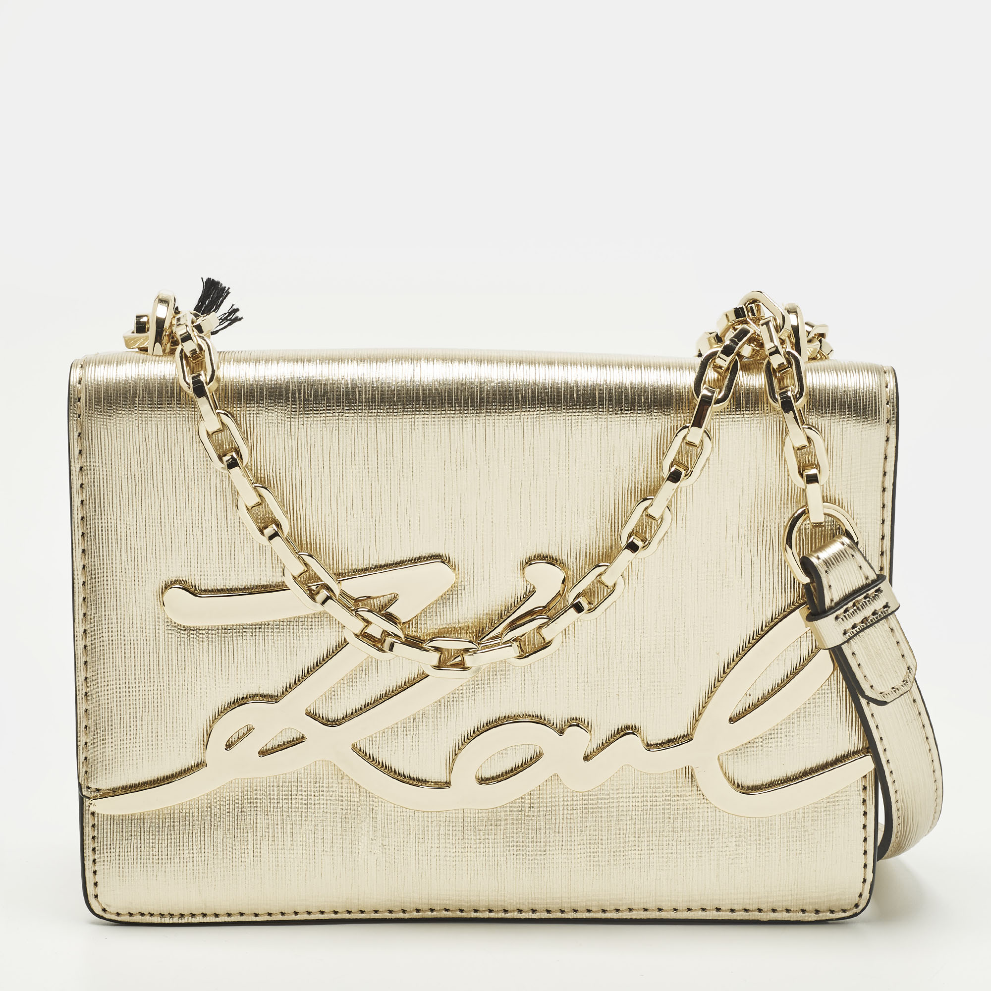 

Karl Lagerfeld K/Signature Gold Leather Shoulder Bag