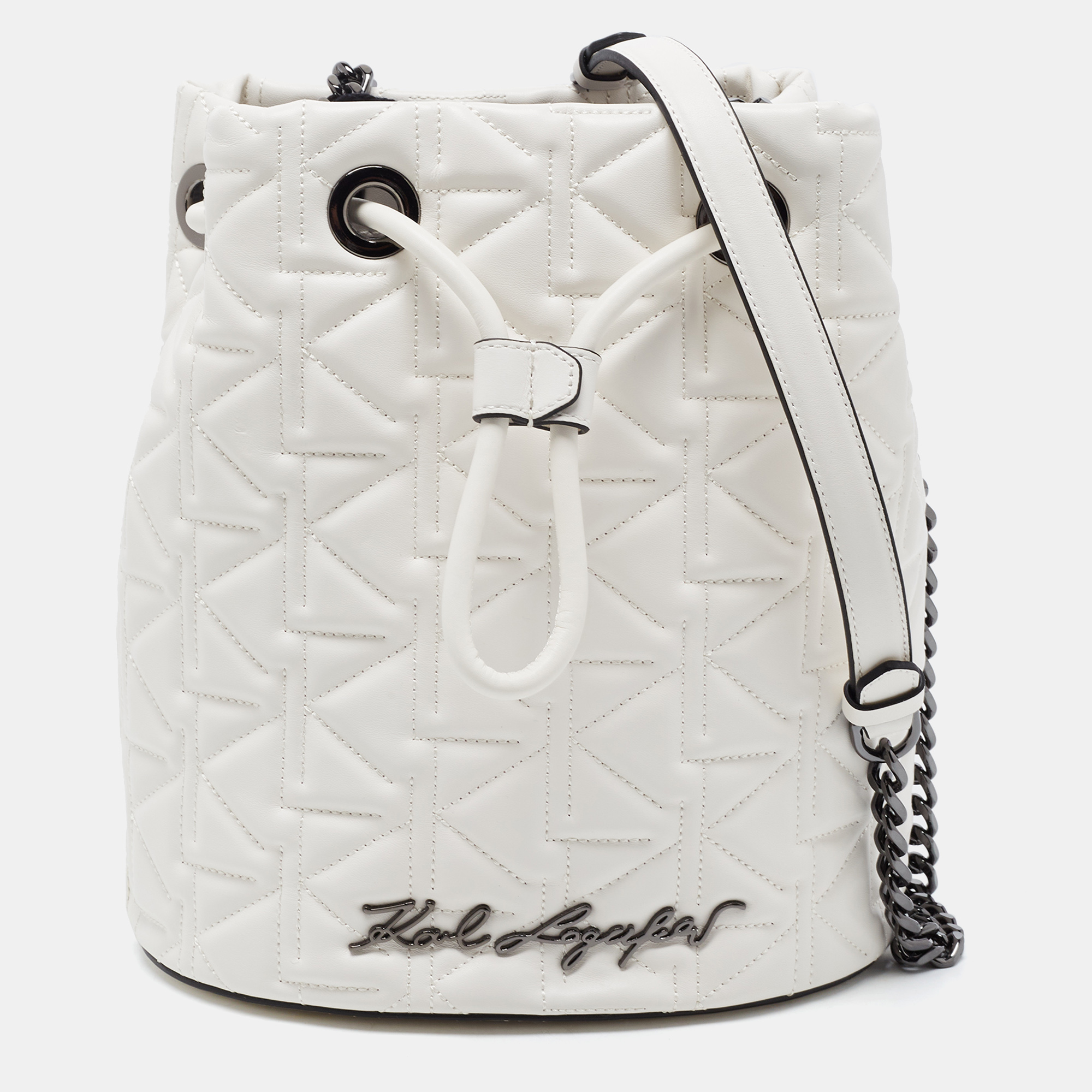 Pre-owned Karl Lagerfeld White Quilted Leather Drawstring Bucket Bag