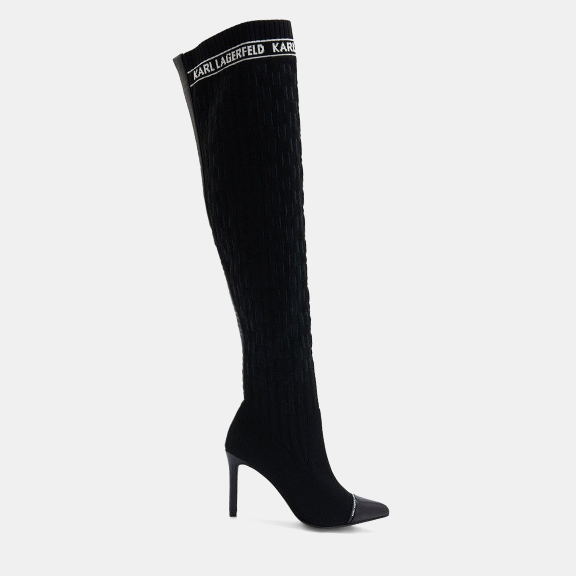 Pre-owned Karl Lagerfeld Karl Lagerfield Pandora Monogram Ribbed Kneeblack Knit Textile Black Leather Boots