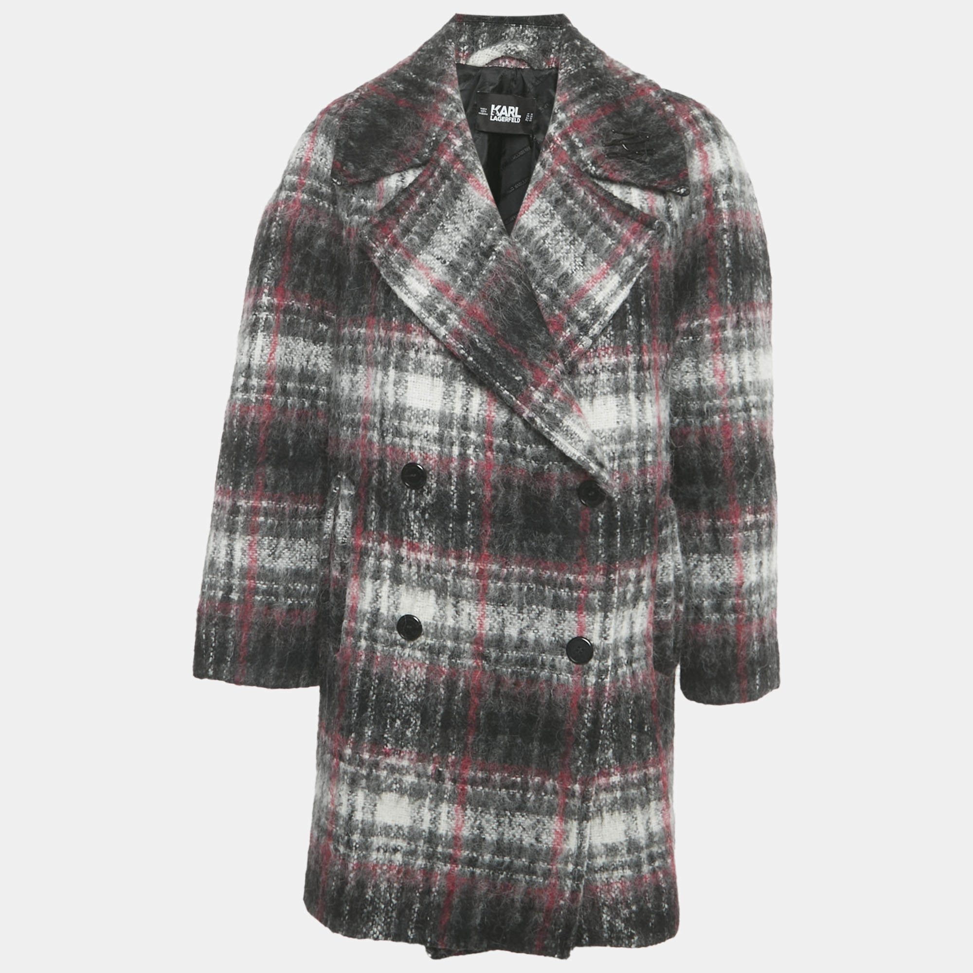 Pre-owned Karl Lagerfeld Grey/pink Check Wool Tailored Coat S In Gray