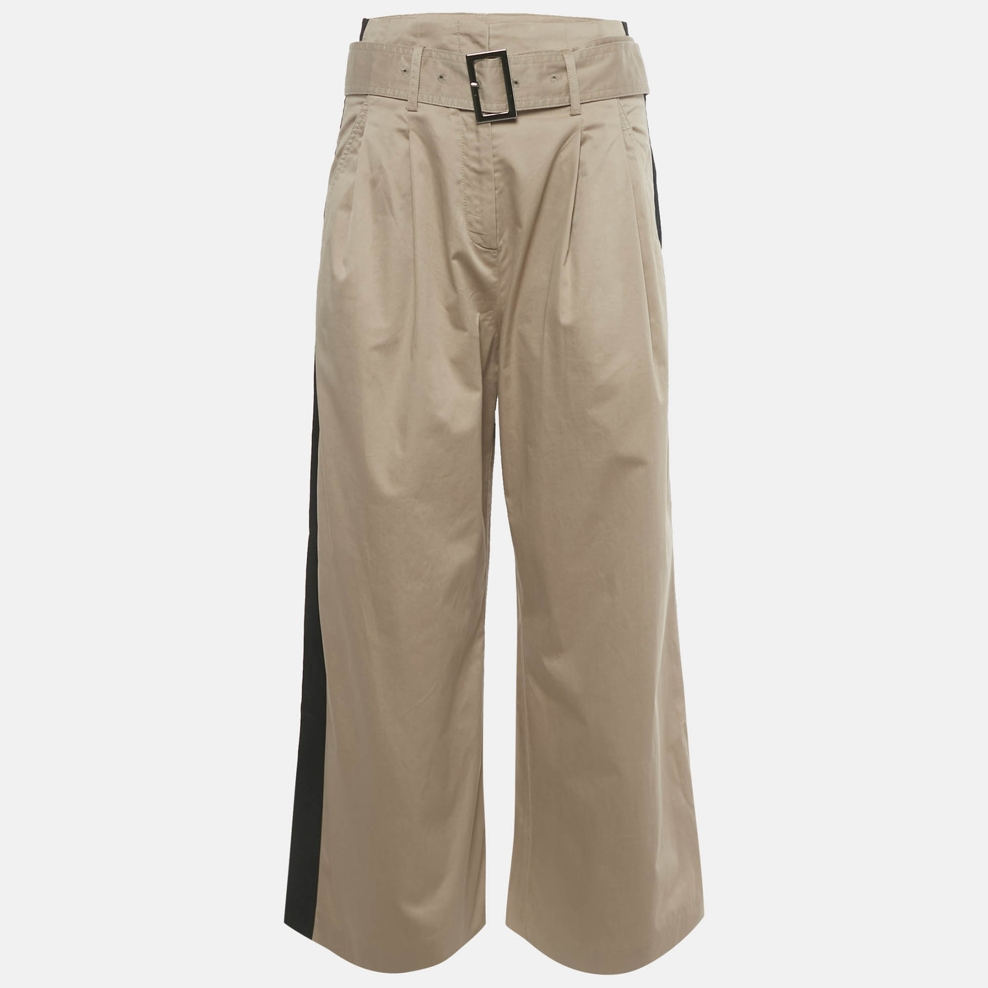 

Karl Lagerfeld Dark Beige /Black Side Band Stripe Cotton Wide Leg Trousers M