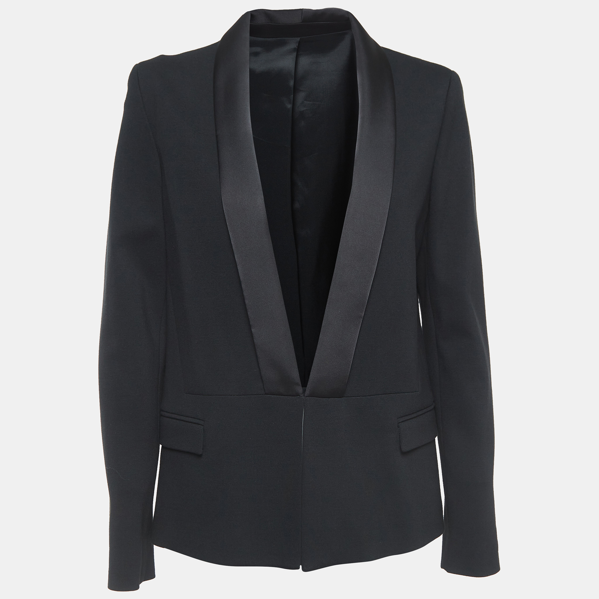 Pre-owned Karl Lagerfeld Black Knit Satin Panel Single Breasted Blazer M
