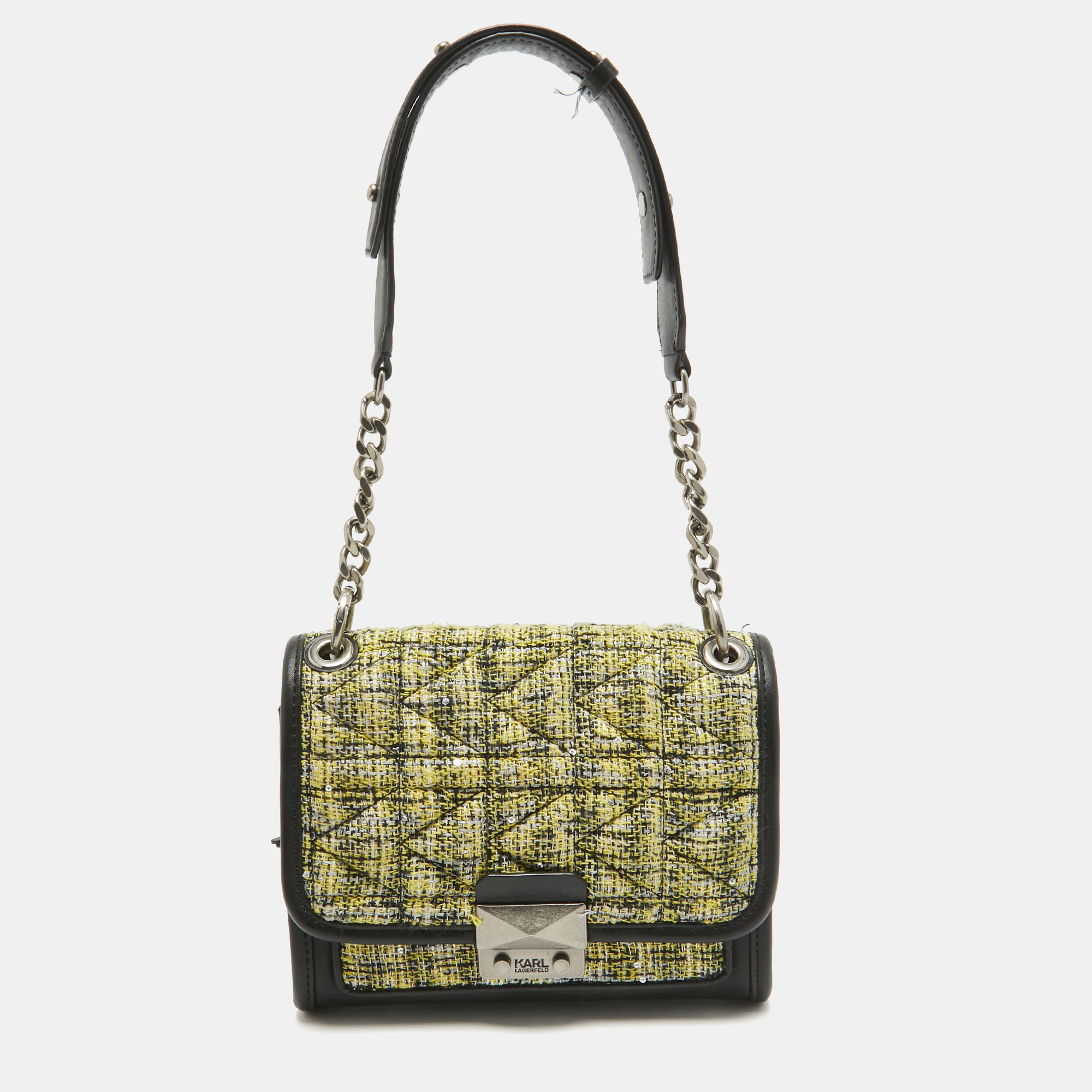 

Karl Lagerfeld Black/Yellow Tweed and Leather K/Kuilted Flap Shoulder Bag