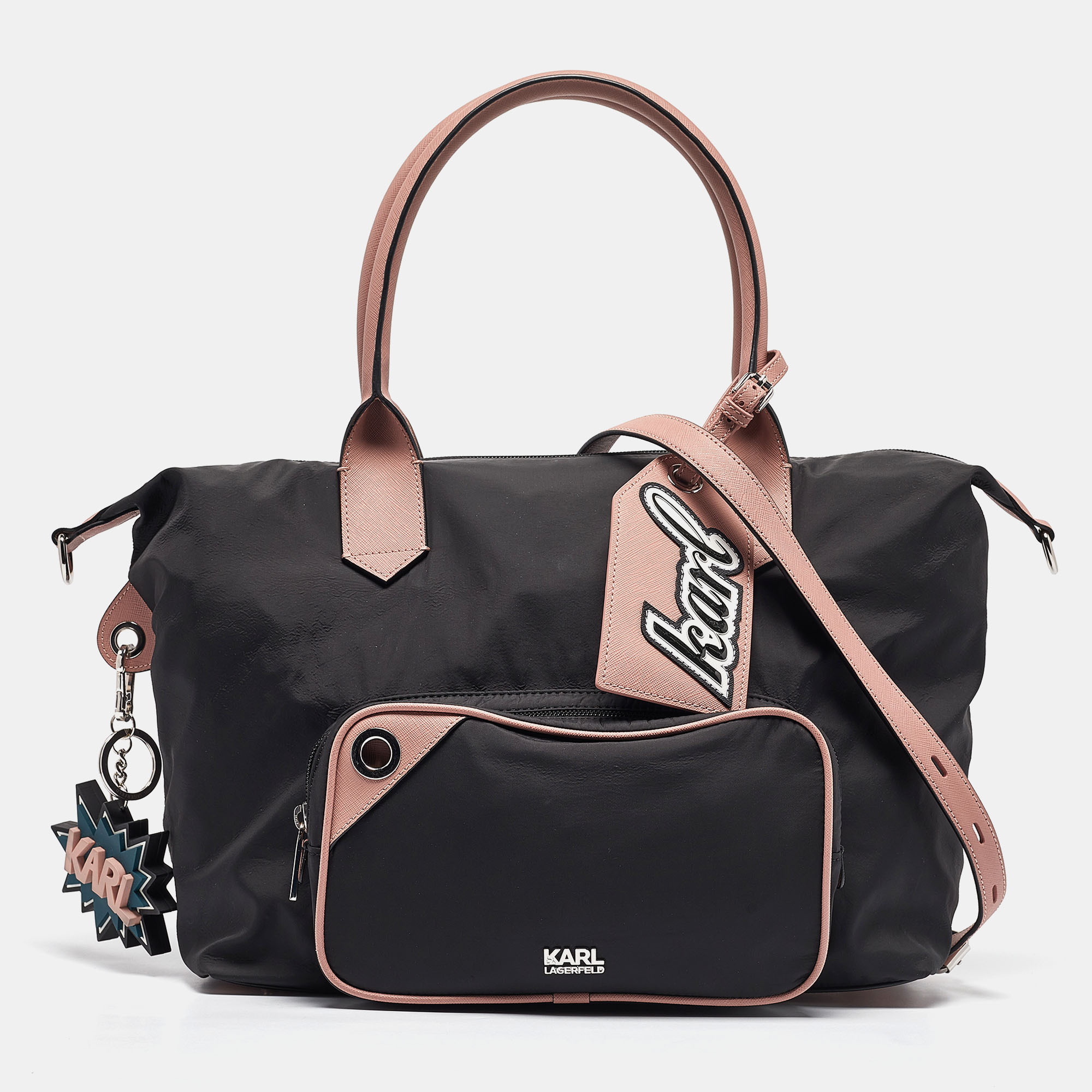 

Karl Lagerfeld Black/Pink Leather and Nylon Front Pocket Tote