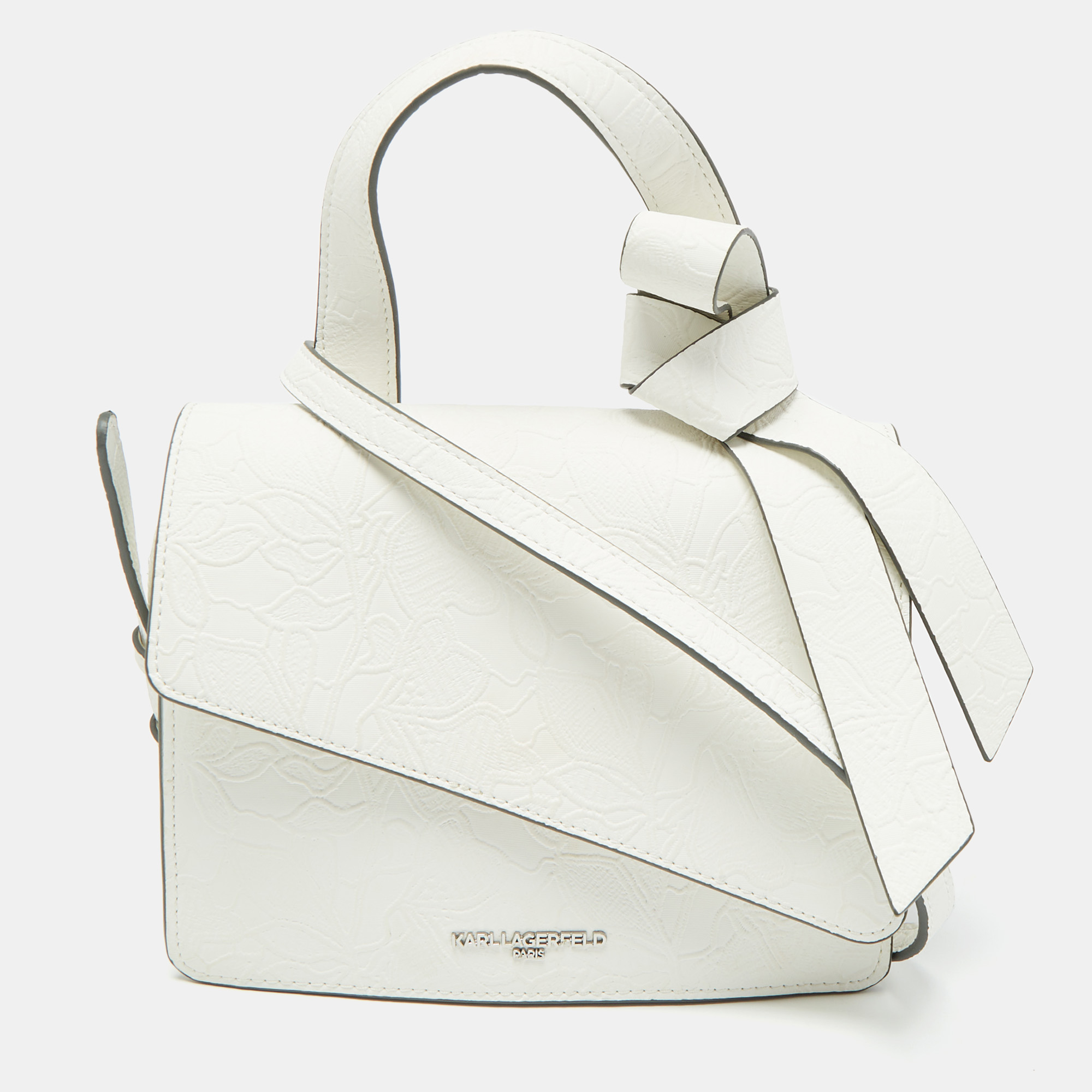 

Karl Lagerfeld White Lace Print Leather Chantelle Top Handle Bag