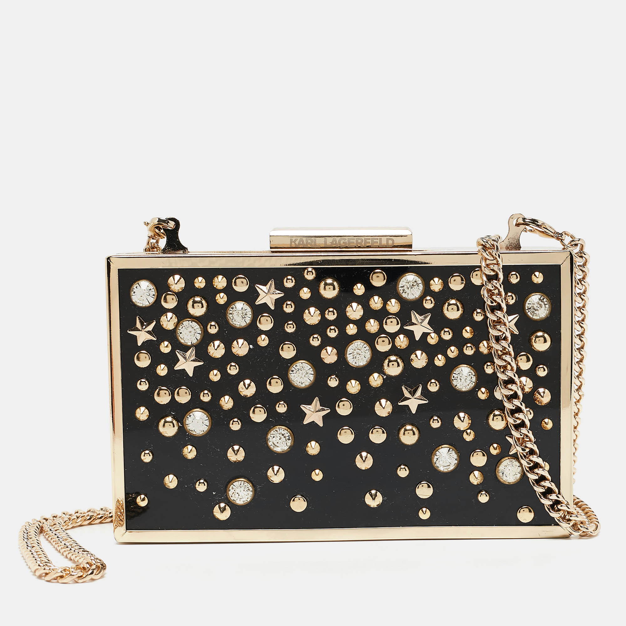 

Karl Lagerfeld Black/Gold Acrylic and Metal Embellished Chain Box Clutch