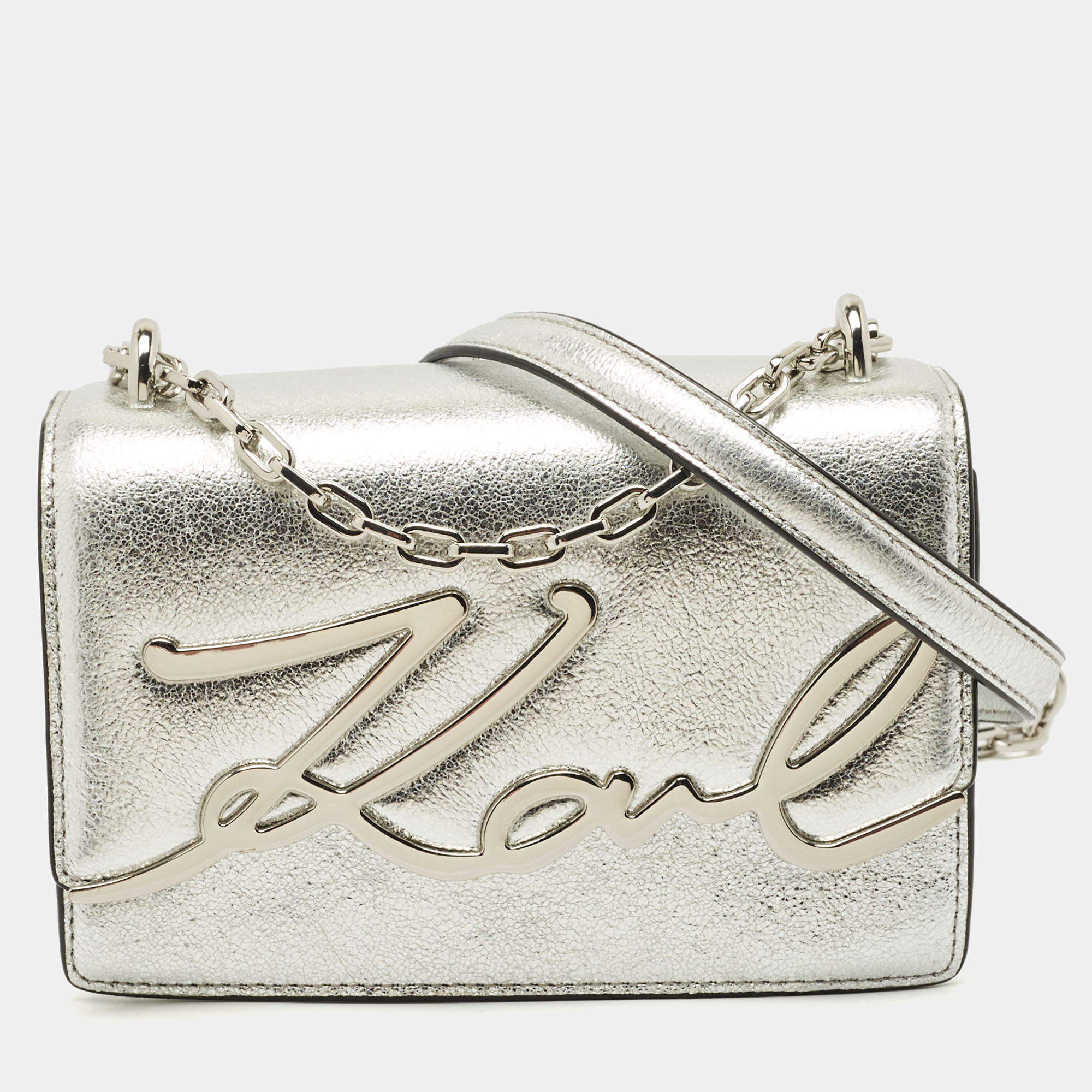 

Karl Lagerfeld Silver Leather K/Signature Shoulder Bag