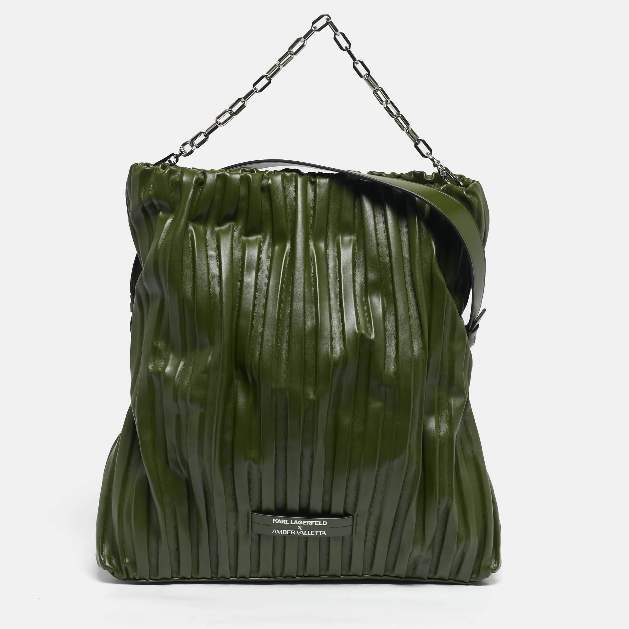 Pre-owned Karl Lagerfeld X Amber Valletta Green Pleated Faux Leather K/kushion Fold Over Shoulder Bag