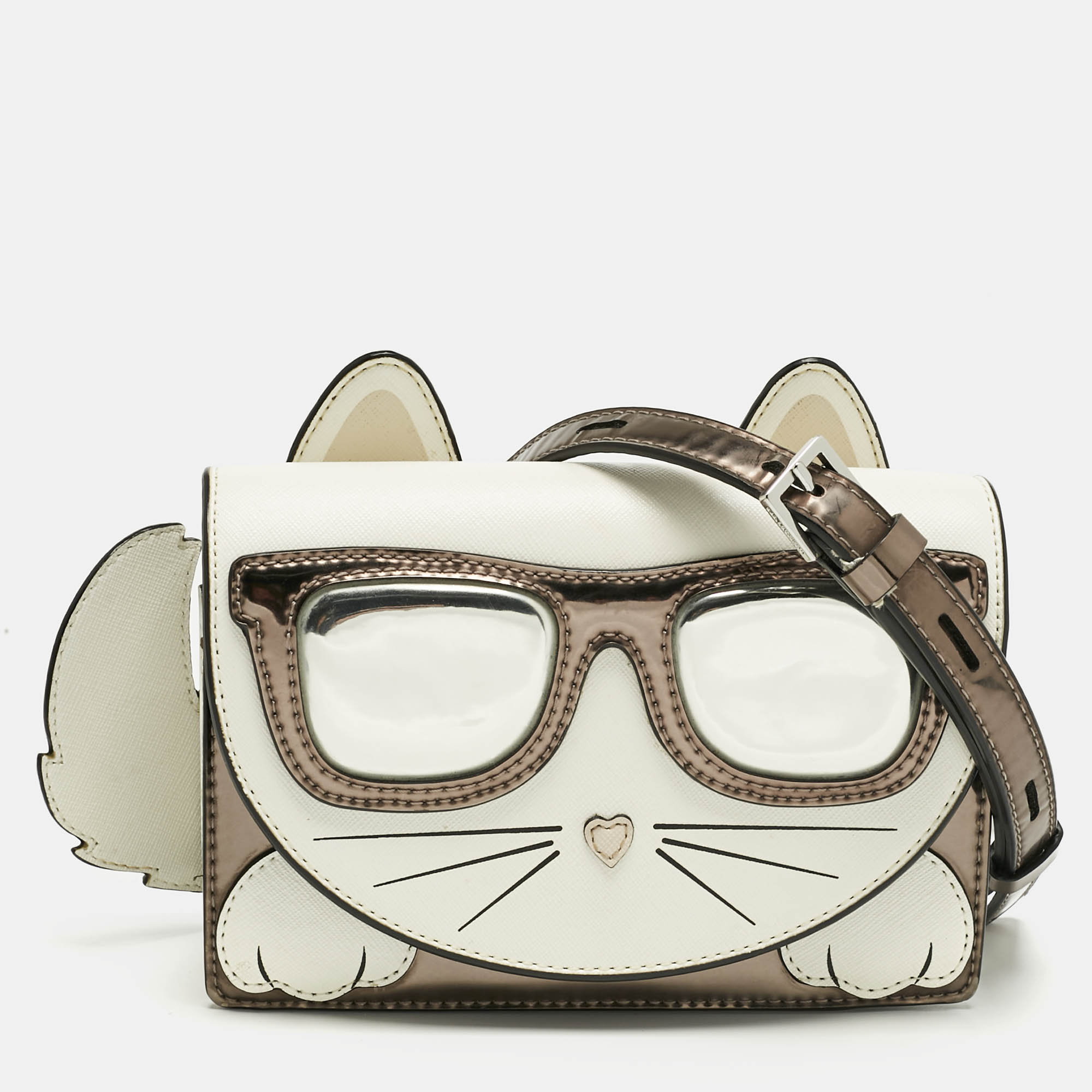 

Karl Lagerfeld White/Grey Patent and Leather Ikonik Choupette Crossbody Bag