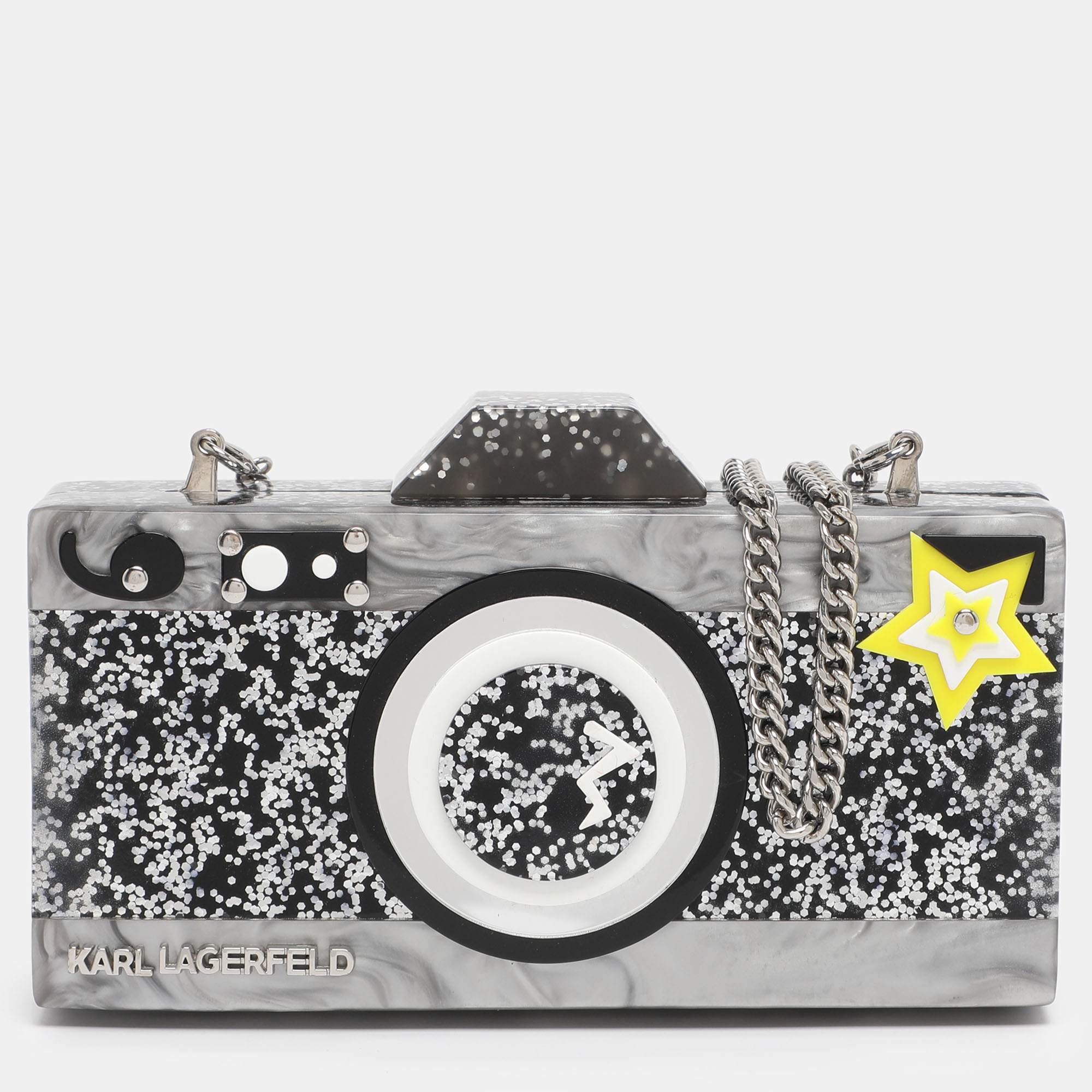 Pre-owned Karl Lagerfeld Grey Acrylic Seventees Camera Clutch In Gray