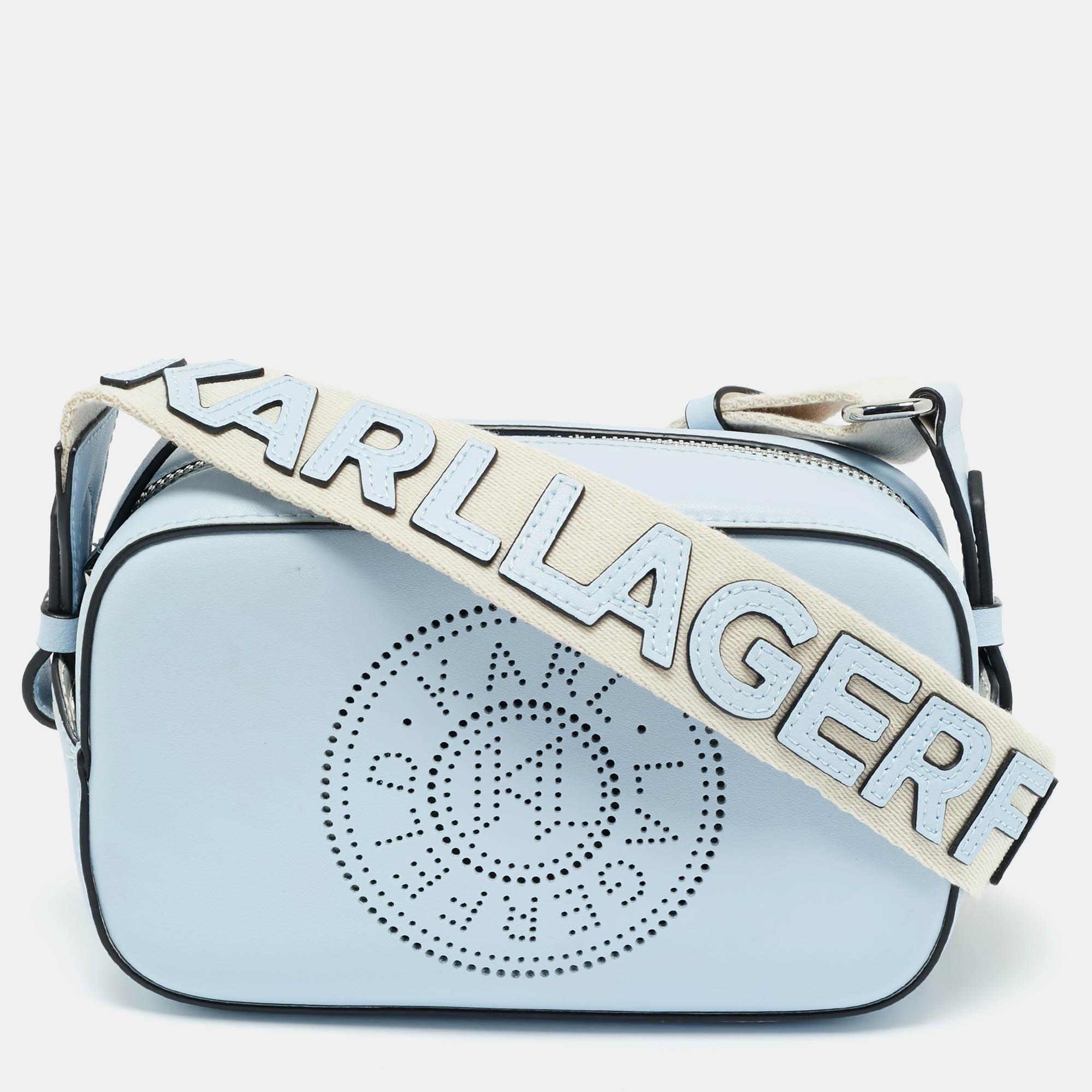 

Karl Lagerfeld Light Blue/White Leather K/Circle Camera Crossbody Bag