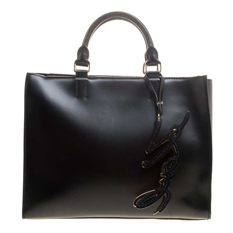 Pre Owned Karl Lagerfeld Black Leather K Signature Shopper Tote